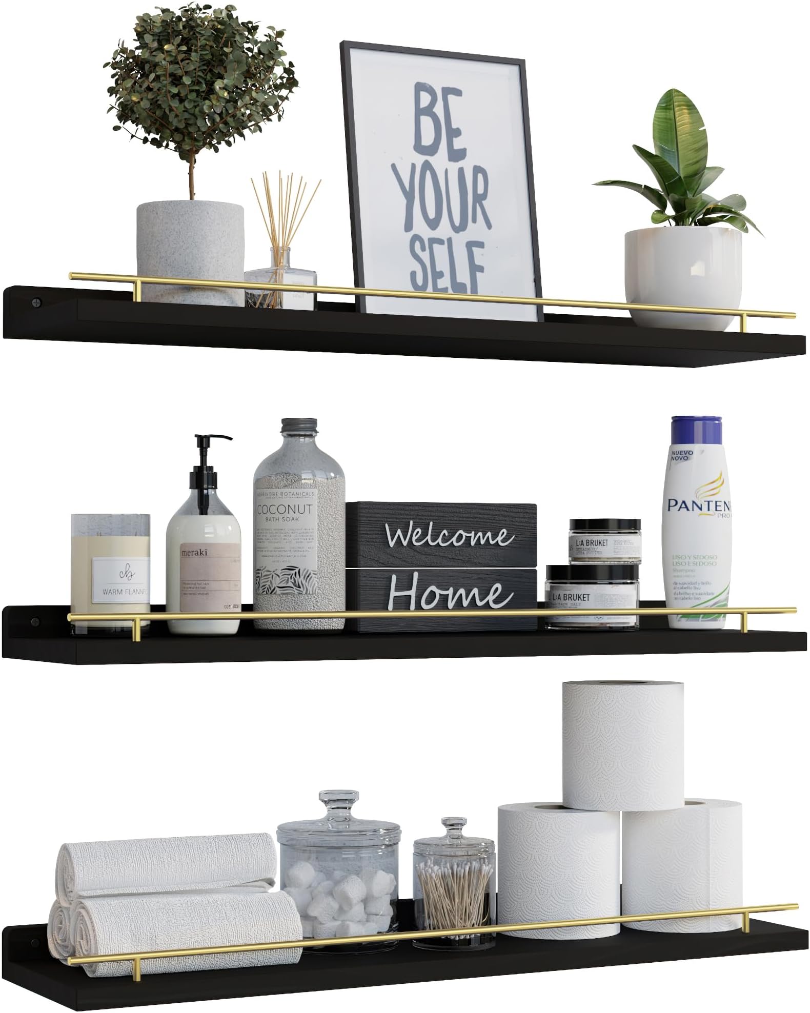 WOPITUES Floating Shelves 24 inch for Wall Decor Set of 3, Black and Gold
