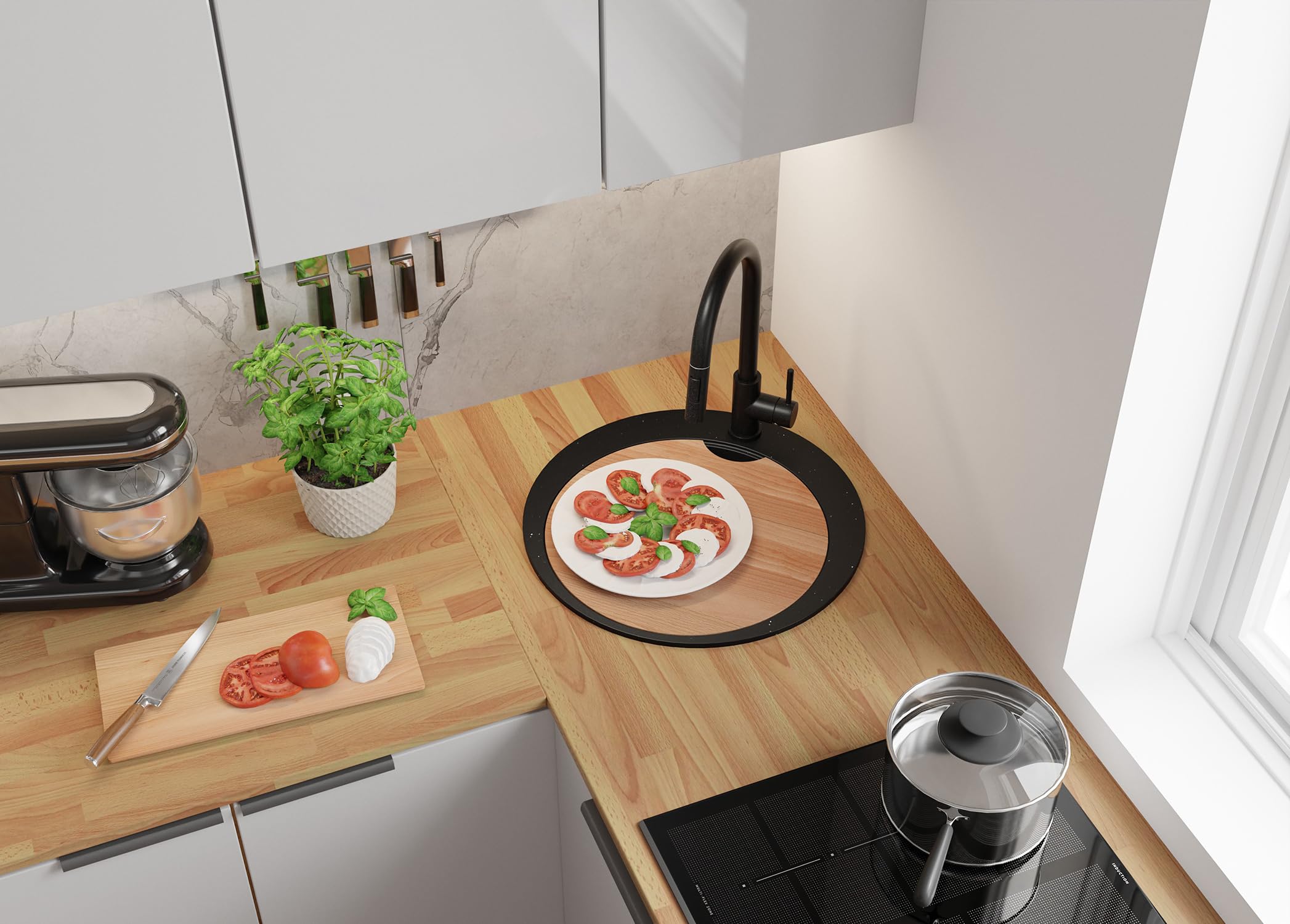 PRIMAGRAN Fregadero Cocina Negro Metallic - Pisa Top, 50x50cm | Granito 1 Seno + Sifón, sobre Encimera al Mueble 45cm (S004)