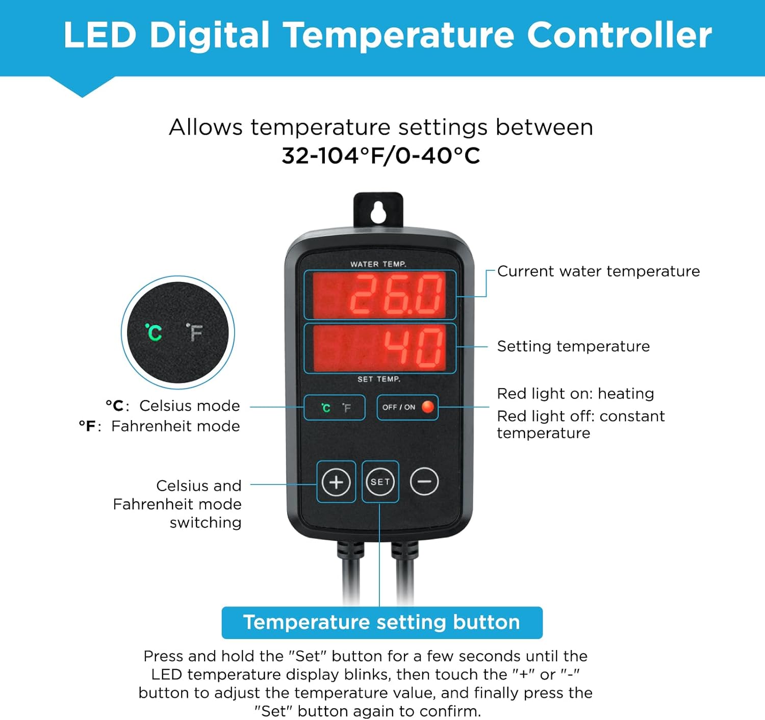 500W Titanium Aquarium Heater, Submersible Fish Tank Heater with Digital Display Temperature Controller, 0℃-40℃ Adjustable, Fast Heating for 65~95 Gal Saltwater Reef Fish Tank, MX-9016(500W)