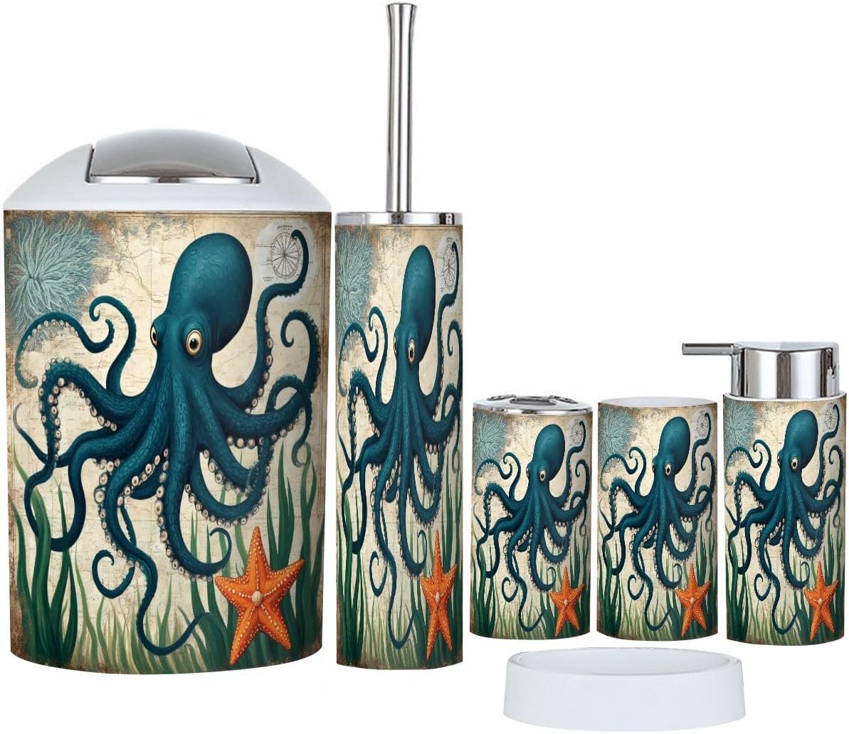 Bathroom Accessories Set 6 Pcs Bathroom Beach Ocean Sea Turtle Octopus Coastal Teal Vintage Whale Toothbrush Holder Cup Soap Dispenser Soap Dish Toilet Brush Holder Trash Can for Countertop Decor