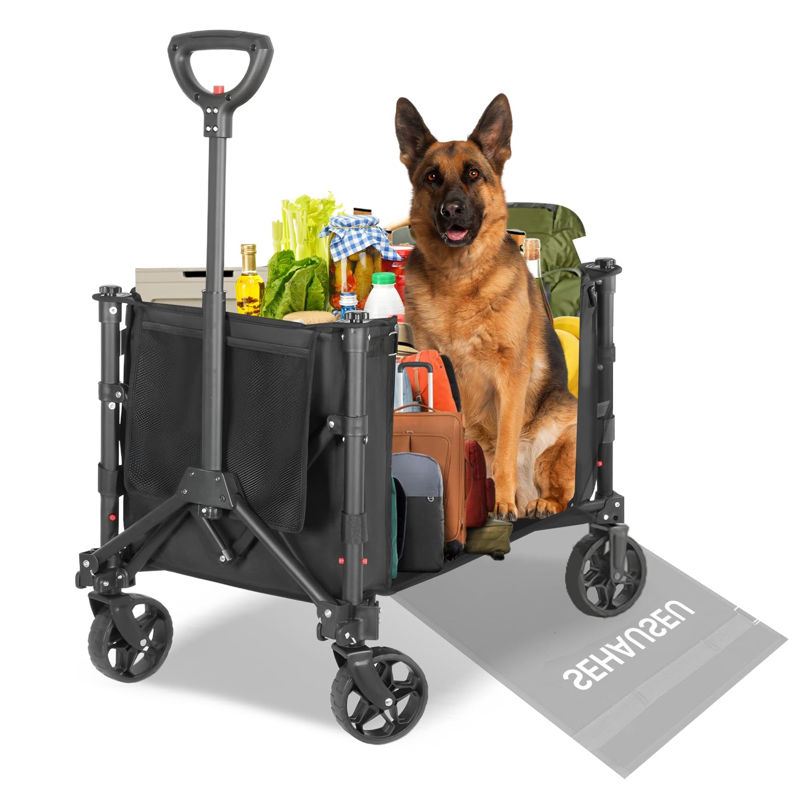 Sehauseu Black Festival Camping Trolley Folding Cart With Brakes, Beach Wagon On Big All-Terrain Wheels, Retractable Handle Garden Trolley, Heavy Duty 600D, 120L 100Kg, For Shopping Picnic Camping Transport,