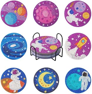 8Pcs Space Theme Diamond Painting Coasters Spaceman Rocket Outer Spacer Diamond Painting Coasters Set with Holder 5D Diamond Art Kit for Adult Beginner