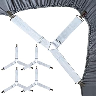 MXOQJE 4 Pcs Bed Sheet Clips, Sheet Clips for Bedding, Fitted Sheet Clips, Adjustable Triangle Elastic Premium Nickel-Plated Bed Sheet Straps, for Bed Sheet Sofa Cushion (white)