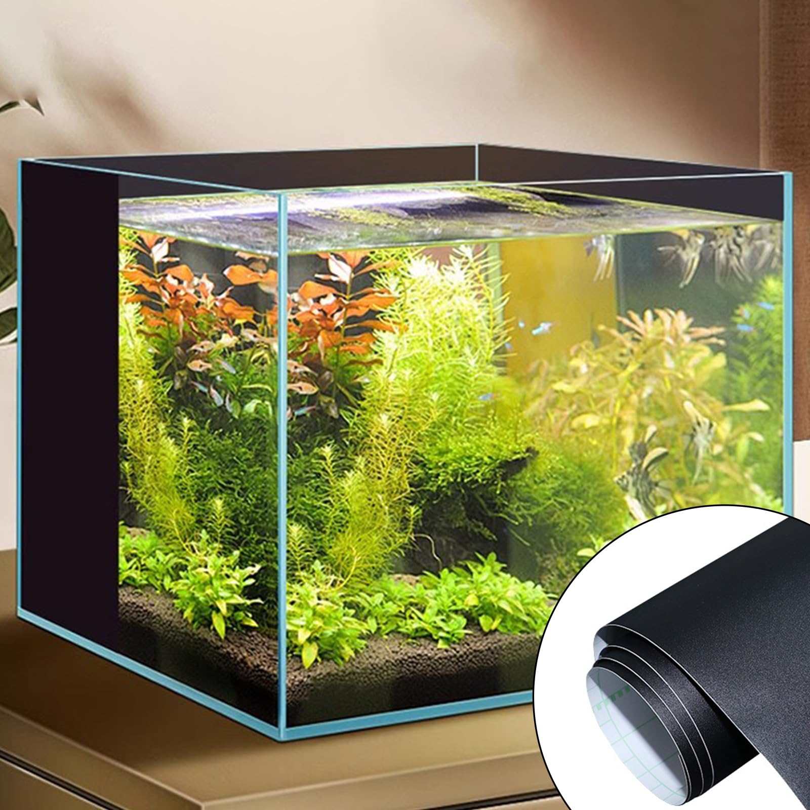 Pellicola per Acquario Autoadesiva, Pellicola per Fondo Acquario 200x40cm PVC Adesivo Statico Nero Tagliabile per Fondo Acquario Terrario