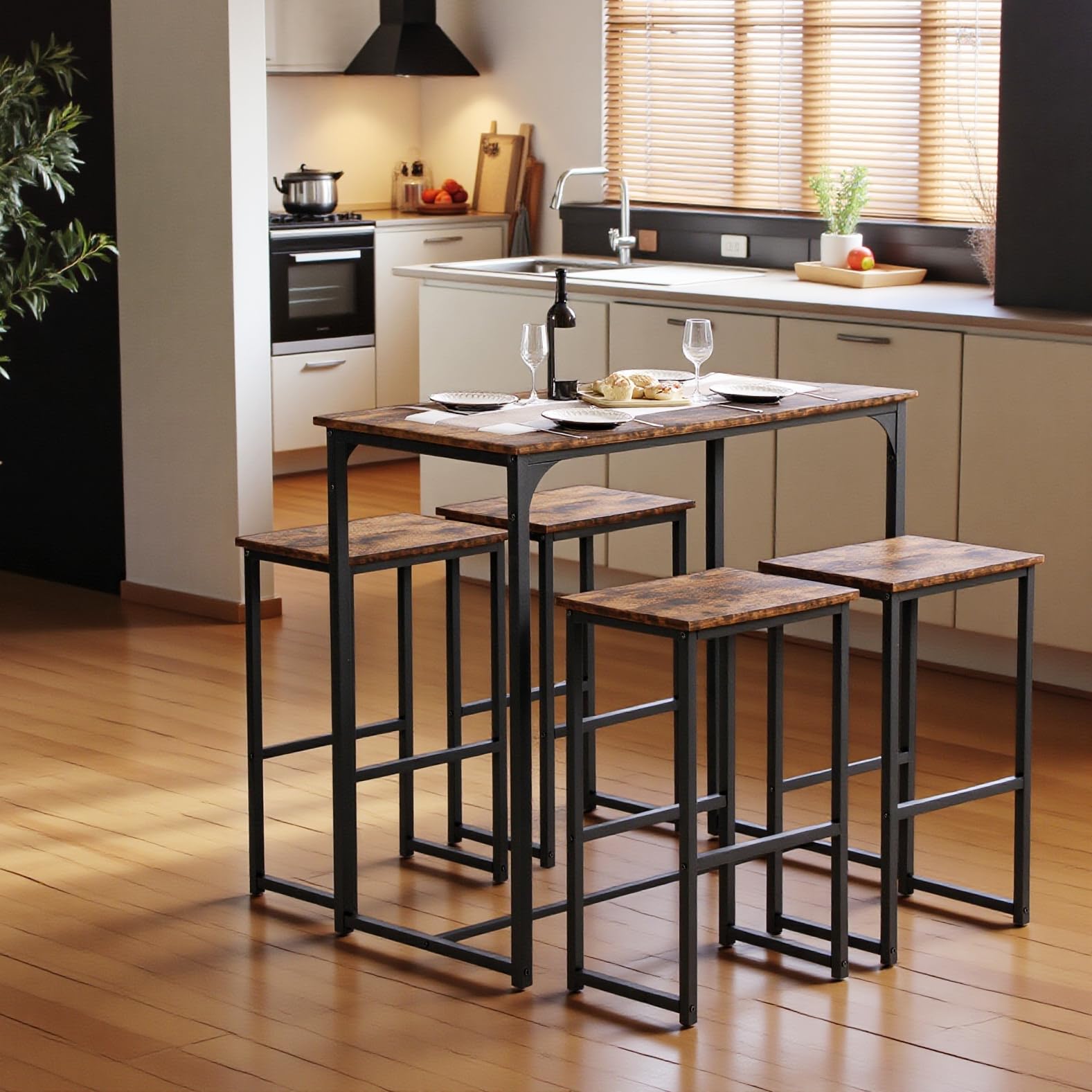 Stehtisch mit 4 Hockern, Esstisch, platzsparend, für Haus, Küche