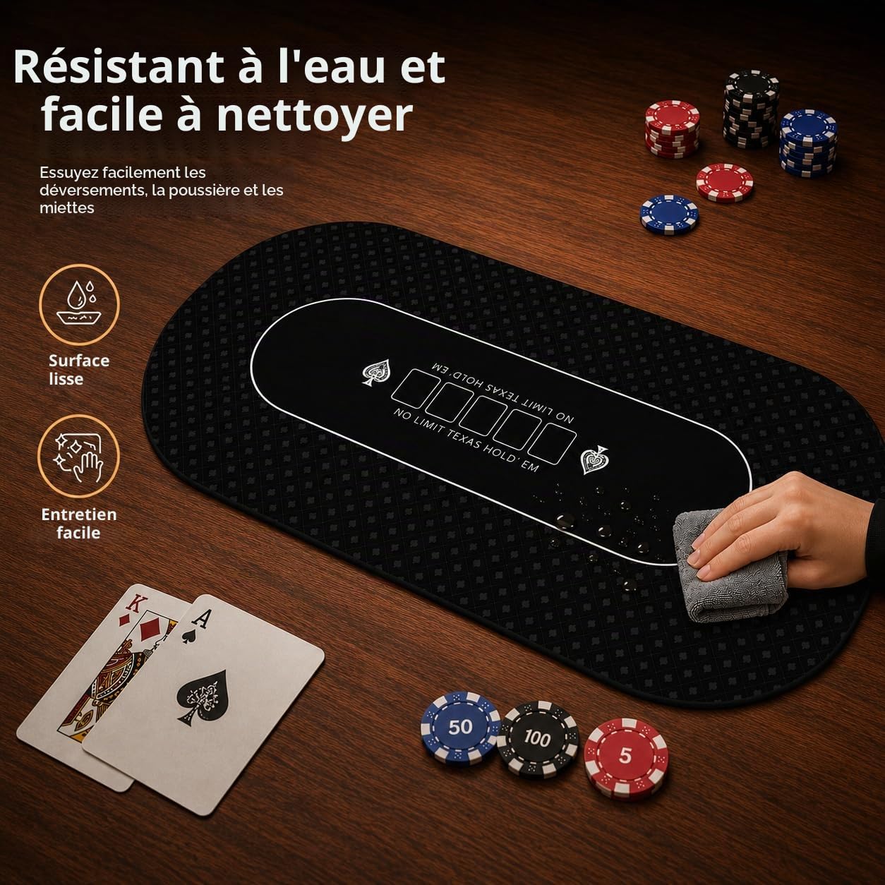 Tapis de poker 180 x 90 cm, 10 joueurs Texas Hold'em en caoutchouc pour tables, table de poker pliable et portable avec sac de transport pour jeux de poker, blackjack