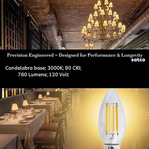 Miniatura 9 de Satco (S11385) LED C11 de 8 vatios transparente base de candelabro 3000 K 90 CRI 760 lúmenes 120 voltios 6 bombillas LED