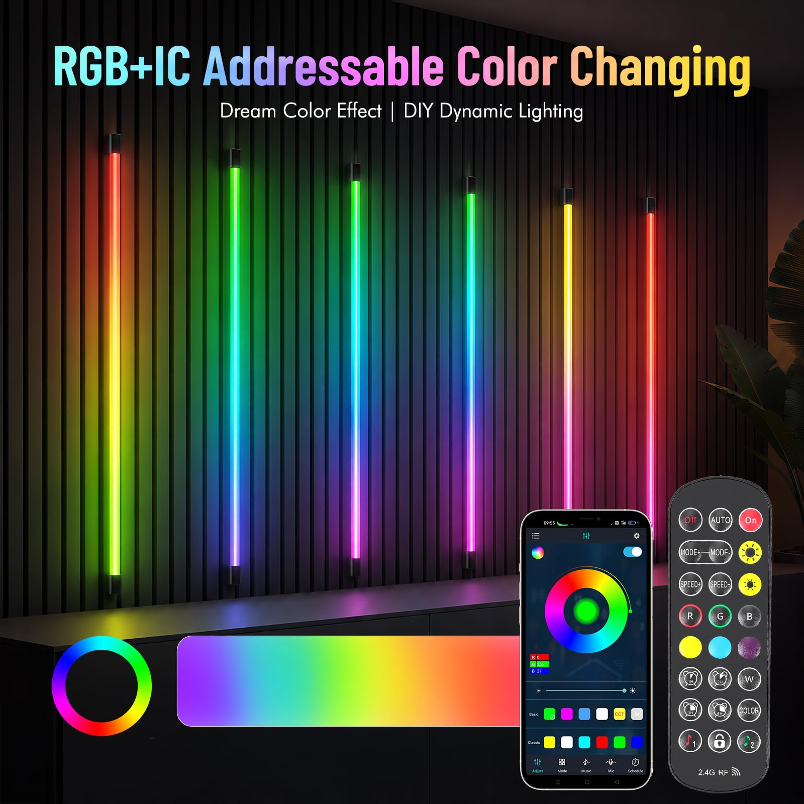 Illuminazione per Pannelli Acustici, Dimmerabile Sezionabile LED Integrati 6 LED Strisce RGB Dream Color 100cm Sincronizzazione Musicale Telecomando Regolazione Colore e Luminosità Controllo App