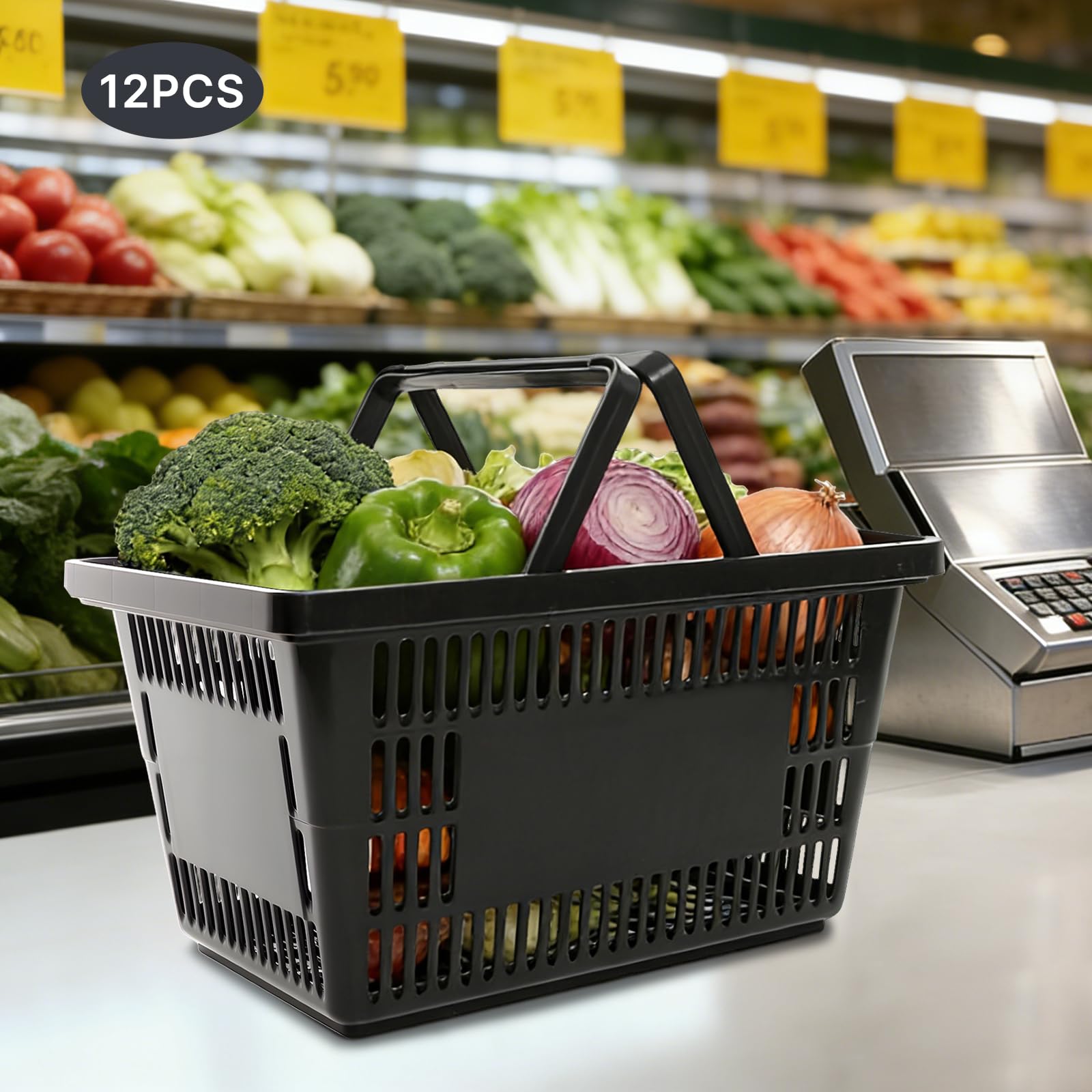 12er Set Einkaufskorb 28L aus Kunststoff, stapelbarer Korb mit Tragegriff für Supermarkt, Buchhandlungen & KTV, 48x26x33cm, für Kleidung, Obst & Spielzeug (schwarz)