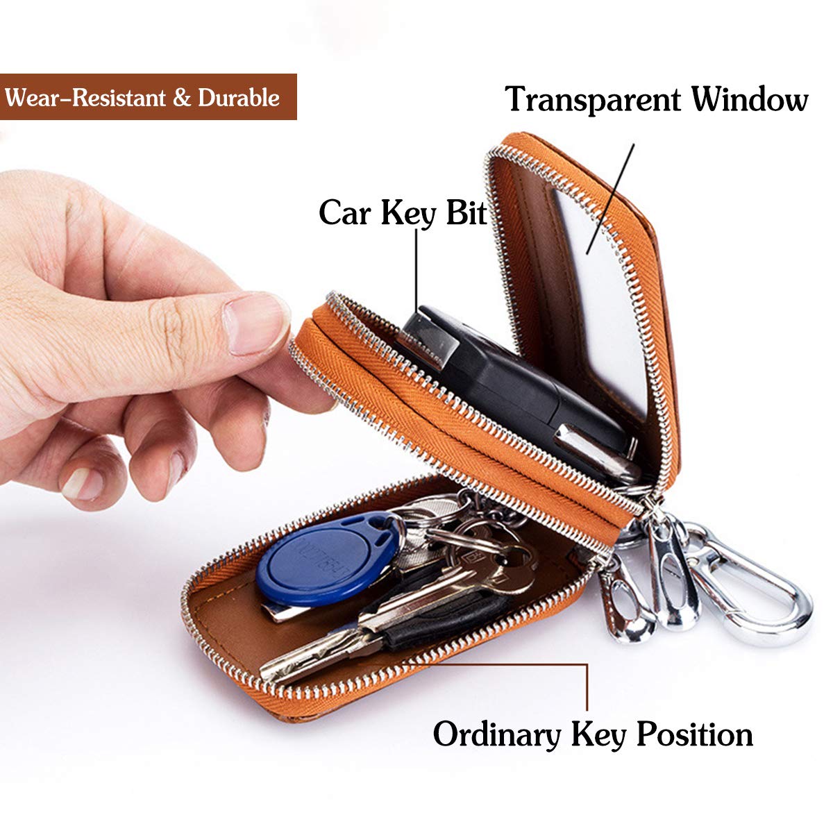 Etuis Porte Clés Véritable Cuir Voiture Clé Cas Portable Porte-Monnaie Car Key Case Rétro étanche Double Pochette Zippée Hommes Femme, Rose, L, Rose, L