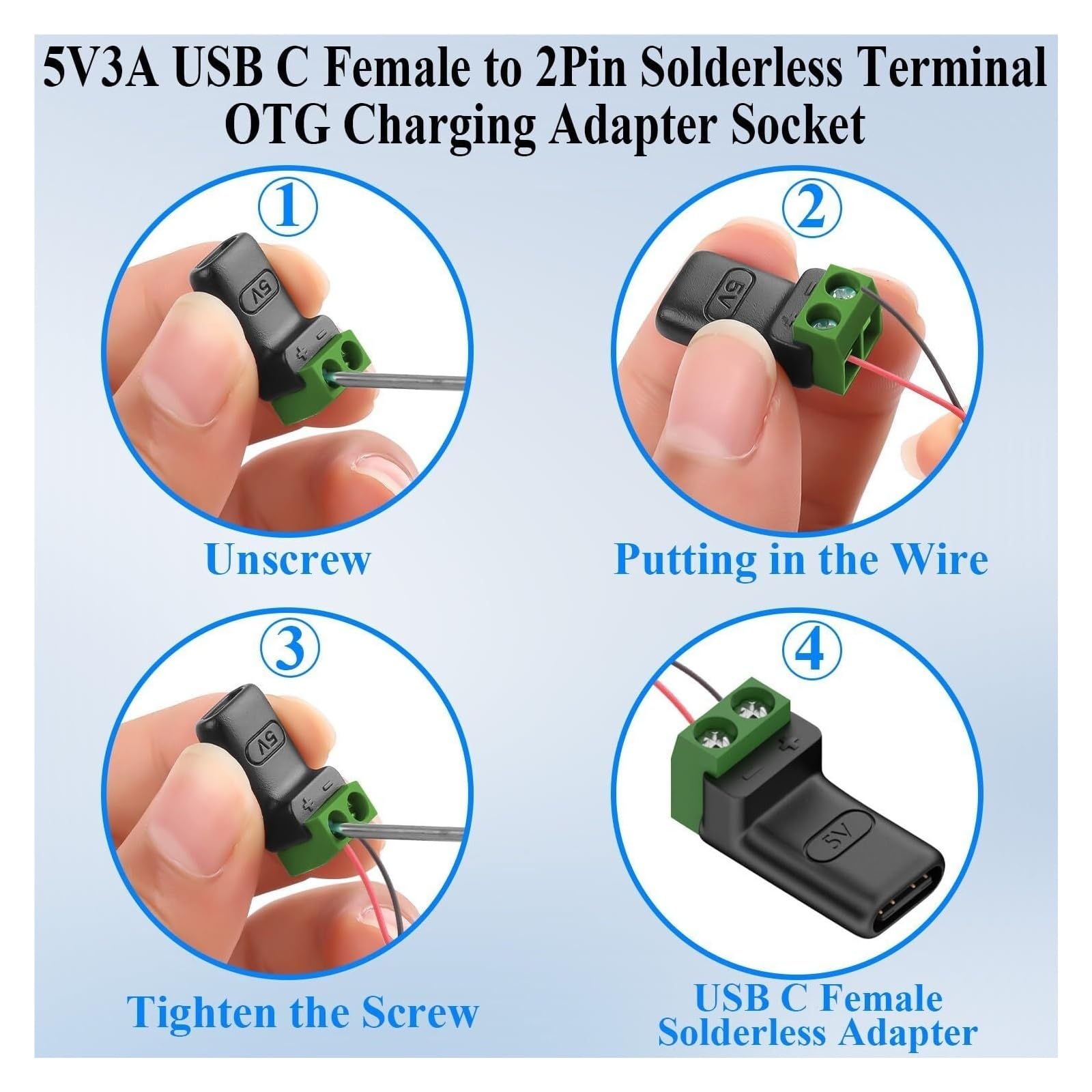 1-4 szt. USB C na 2 Pin Screw Terminal 5 V Solderless Adapter