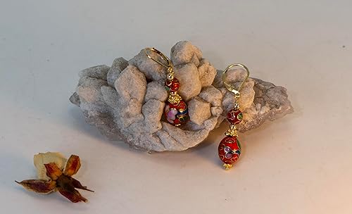 Miniatura 8 de LTC Designs Aretes de cierre de palanca rellenos de oro de 14 quilates con gotas de cloisonne floral rojo vintage para mujer, aretes unisex