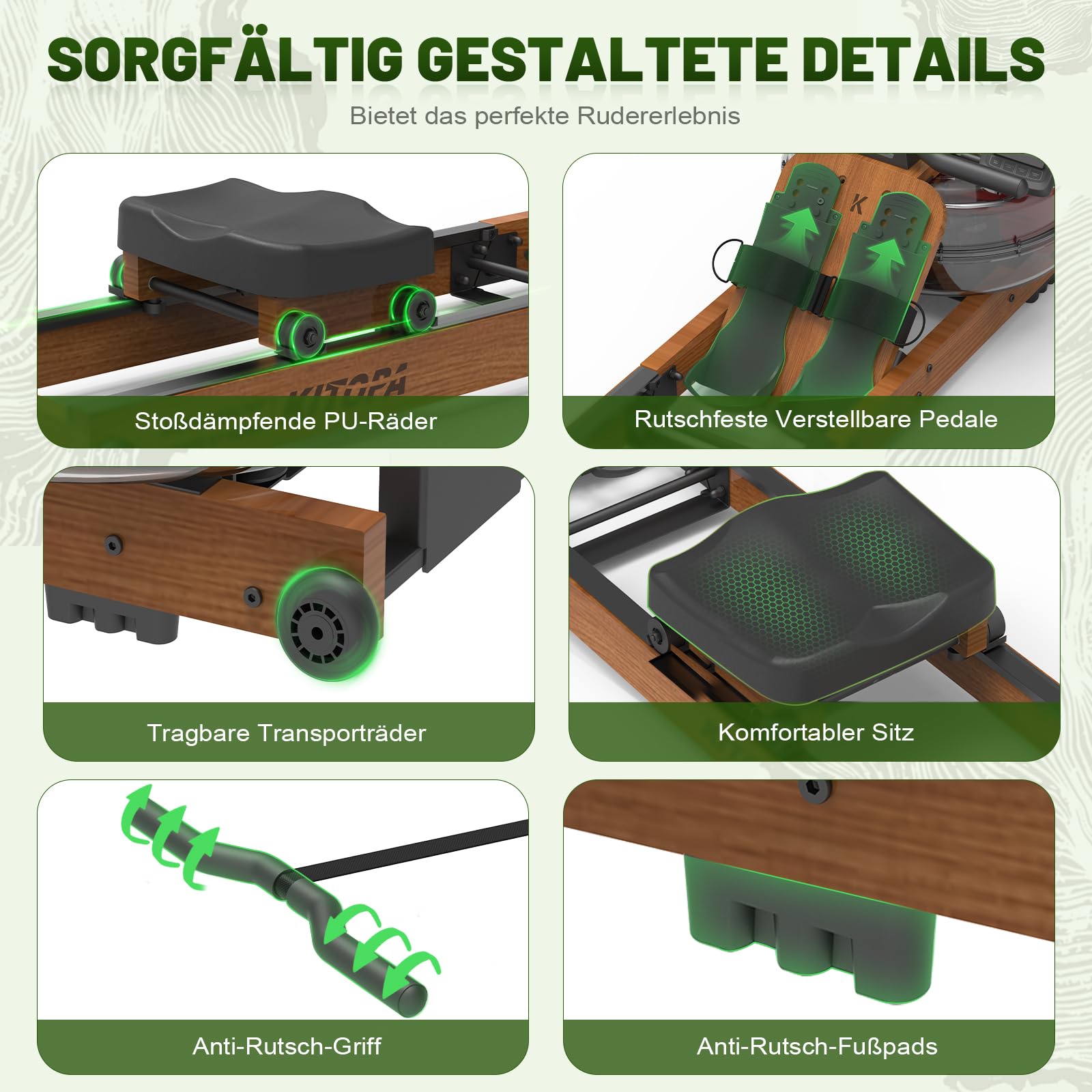 Kitopa Wasser Rudergerät Holz, Rudergerät für Zuhause klappbar mit 30 Tage Kinomap Mitgliedschaft, Max Benutzerhöhe 2m/160kg, Rudergeräte Wasser mit Bluetooth Display & Verstellbarer Handy-Halter