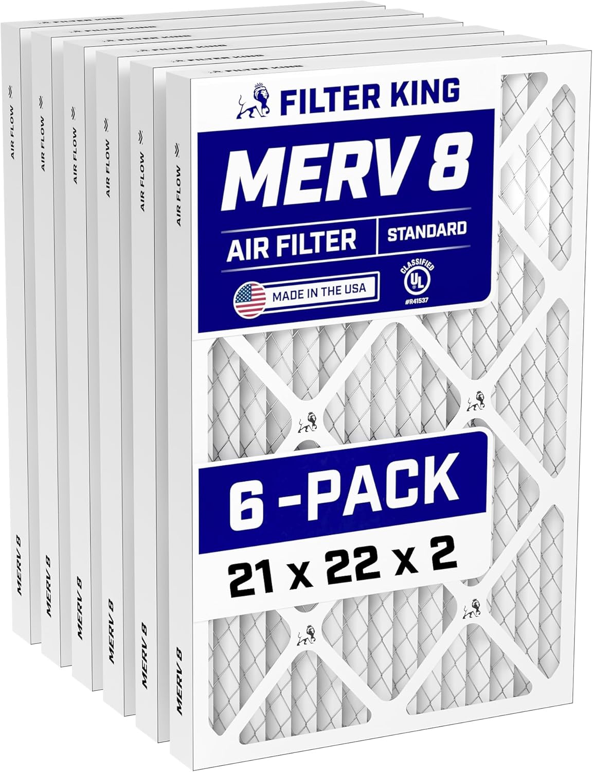 Filter King 21x22x2 Air Filter (MERV 8) (6-Pack) Dust & Allergy Control AC Furnace Filters, MADE IN USA, HVAC, Pleated, Electrostatic (Actual Size: 21 x 22 x 1.75)