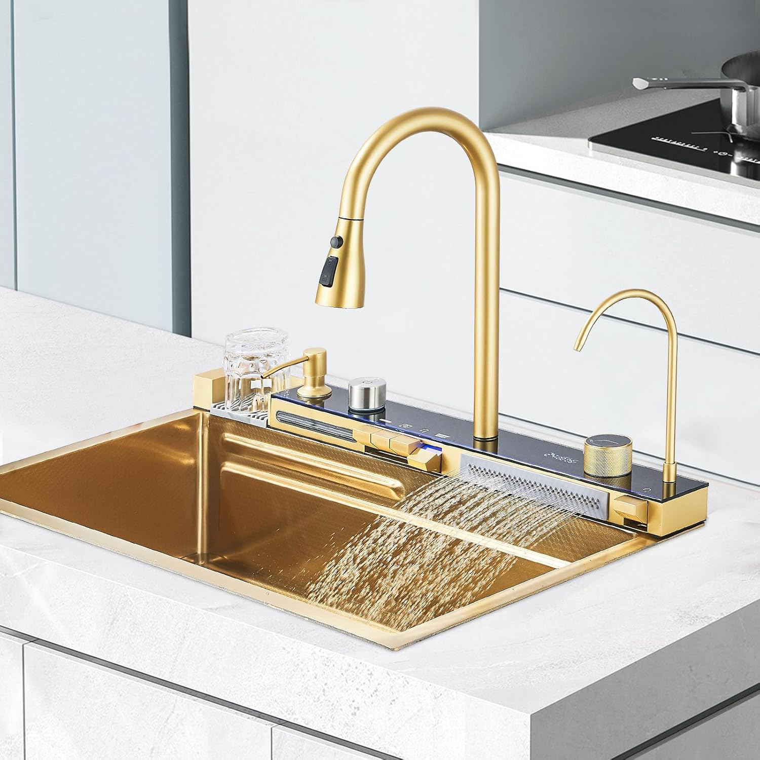 Deluxe Smart Waterfall Kitchen Sink Digital Display Single Bowl Stainless Steel Kitchen Sink Modern Multifunctional Farmhouse Sink With Pull-out Faucet (Brushed Gold, 29.6 * 17.7in)