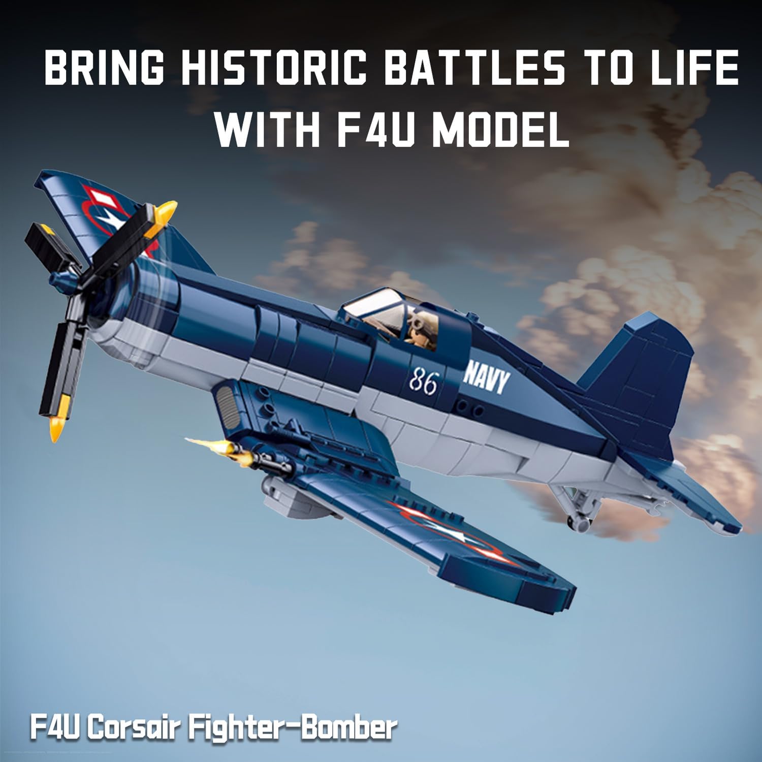 WW2 F4U Fighter Bomber Building Bricks - 550 Pcs Army Set with 1 Soldier - Engaging WWII Toys for Kids & Adults