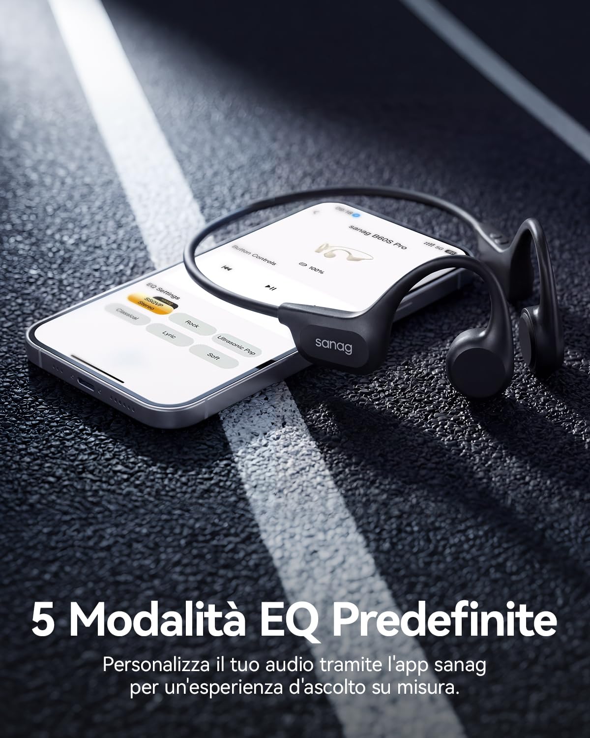 SANAG Cuffie Conduzione Ossea, Bluetooth 5.3 Cuffie Sportive Wireless, Impermeabili IPX8 con Memoria Integrata, Design Open-Ear, Tasti Fisici Tattili, per Corsa, Fitness e Nuoto, Nero