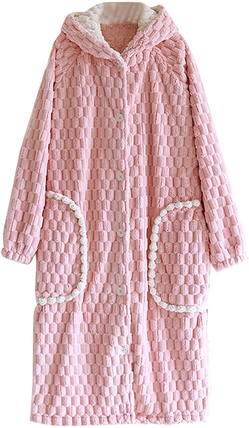 Amiley Cozy Fleece Button Front Robe with Pockets, Hooded Bathrobe Soft