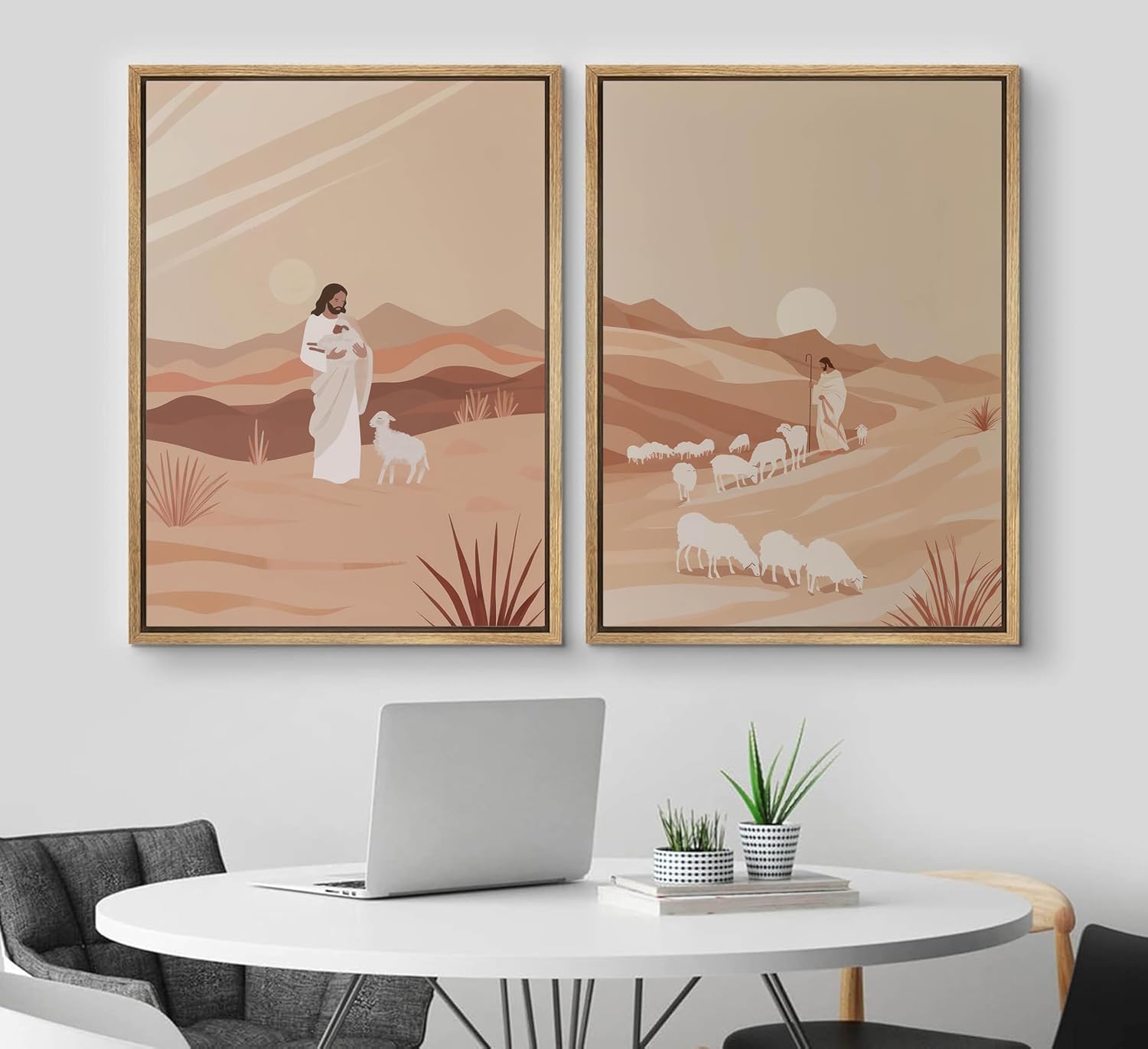 2Pcs Jesus And The Lamb Wall Art Shepherd Canvas Wall Decor Leads Lost Lamb Painting Picture Jesus Leaves The 99 Poster Print or Church Prayer Room Bedroom Home Decoration Unframed