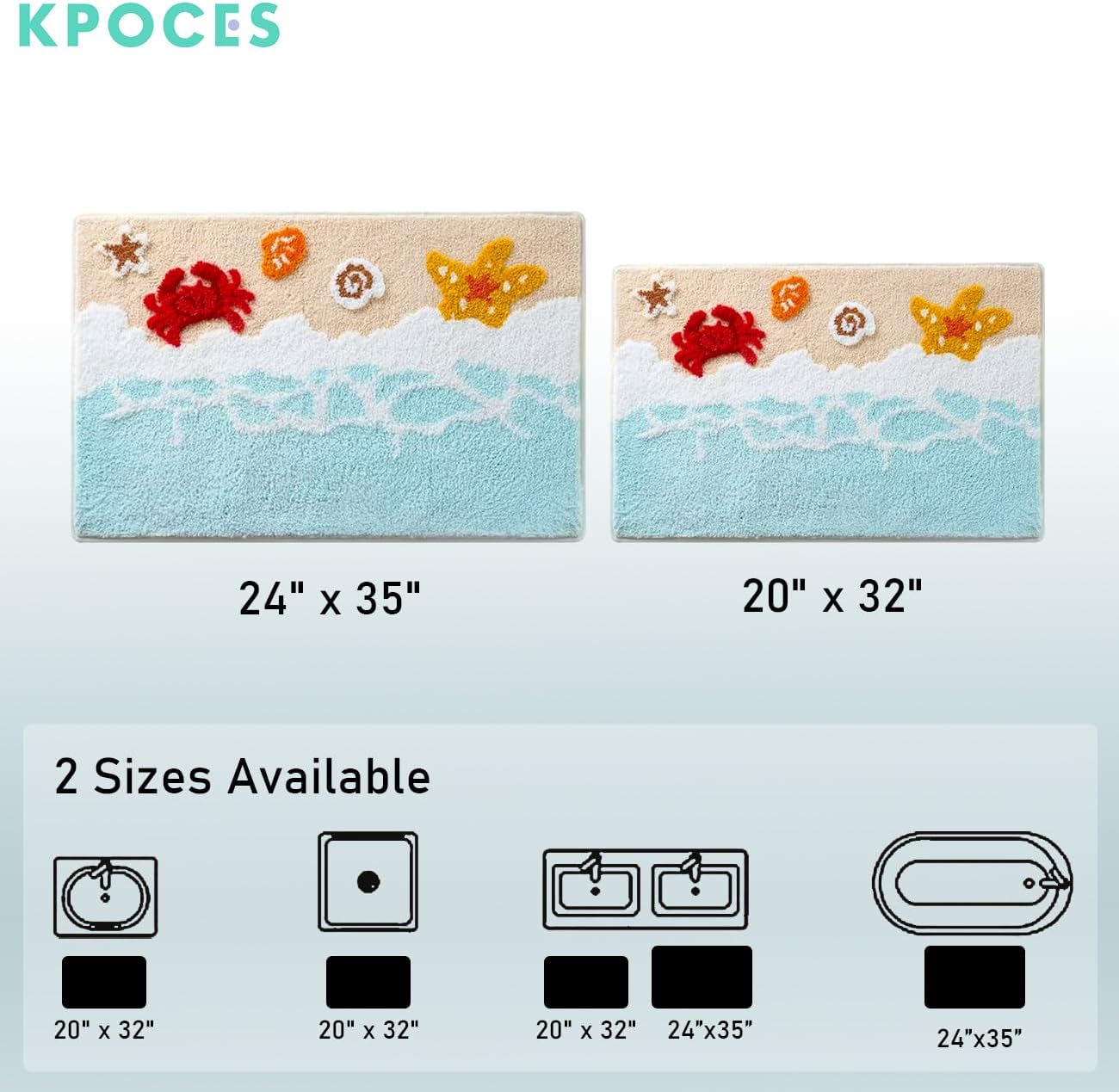 Beach Bathroom Rugs Coastal Seashell Bath Mat Ocean Wave Crab Starfish Decor Carpet Tufted Soft Absorbent Quick Dry Bath Mats for Bathroom Non Slip Bathtub Shower Mat(Blue,24" x 35")