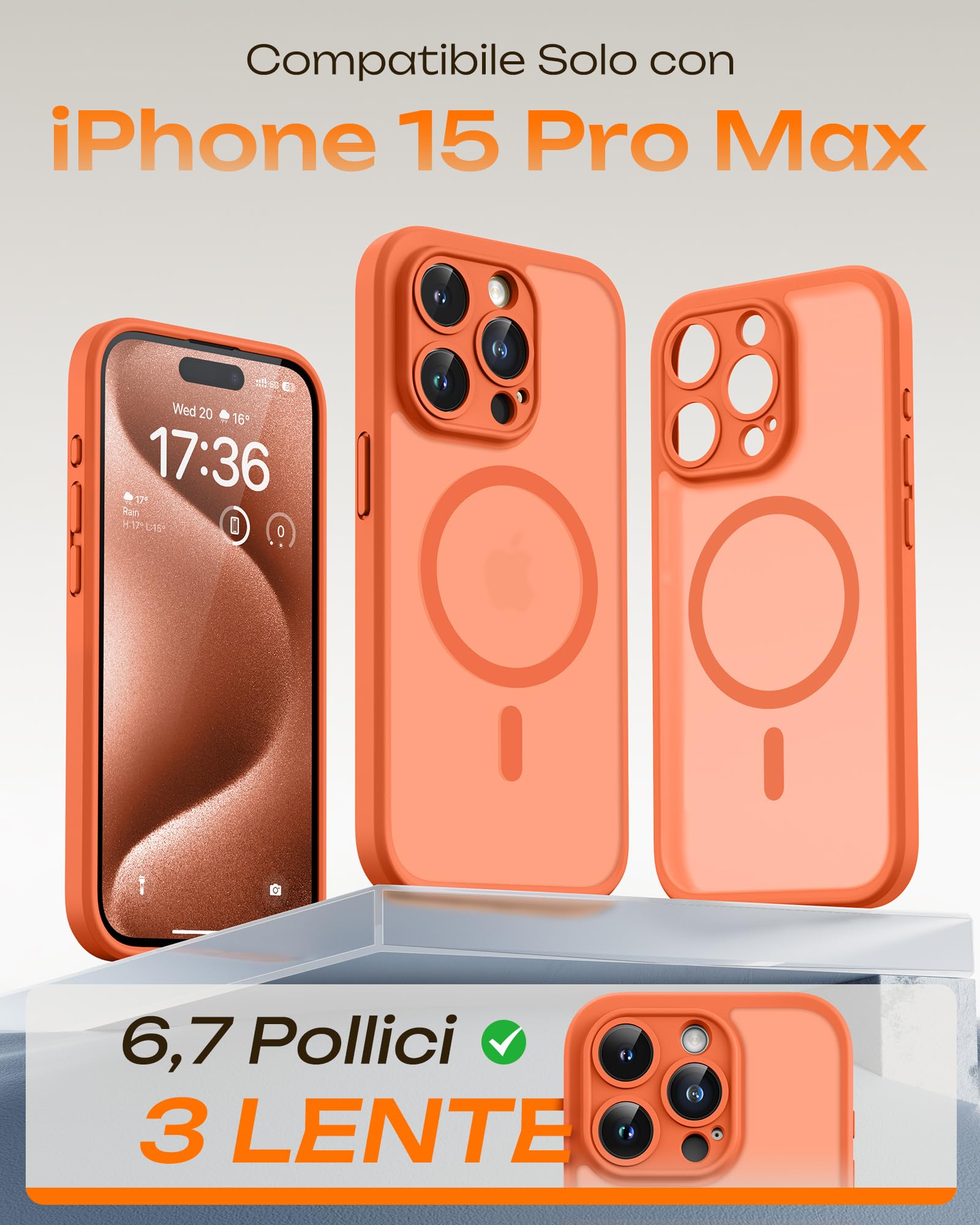TOCOL Cover Magnetica per iPhone 15 Pro Max 6,7 Pollic, Compatibile con MagSafe, Protezione Fotocamera Integrata, Custodia Antiurto Traslucida Opaca, Arancione