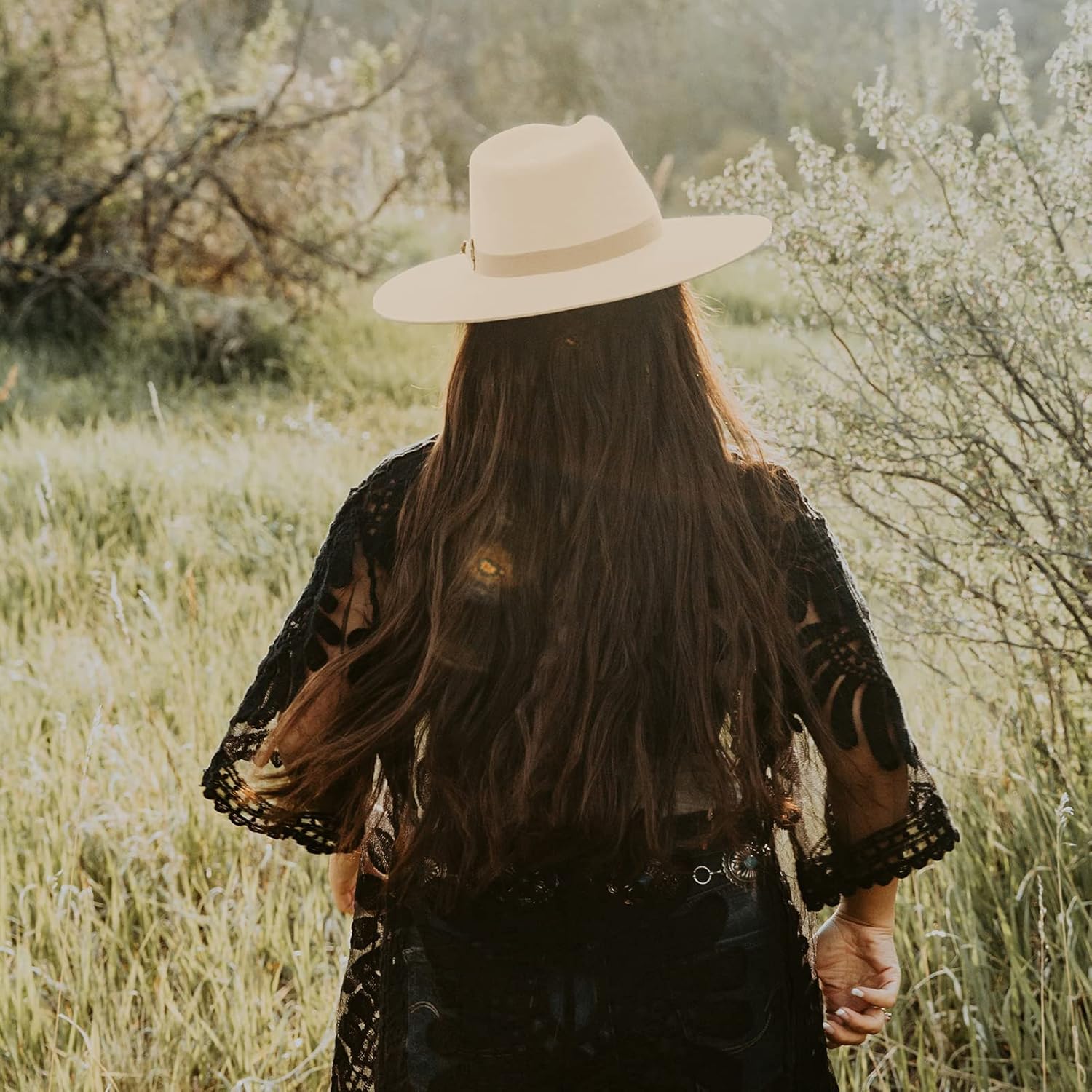 Gossifan Lady Fashion Wide Brim Felt Fedora Panama Hat with Ring Belt - Image 2