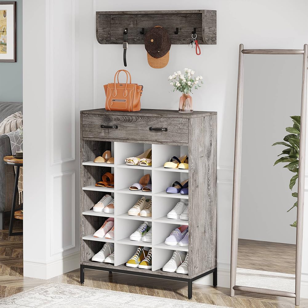 Shally Dogan Set Ingresso con Scarpiera e Appendiabiti da Parete, Mobile Portascarpe Autoportante con 1 Cassetto e Organizer 15 Scomparti, Attaccapanni a Muro con 5 Ganci, Corridoio, Bagno (Grigio)