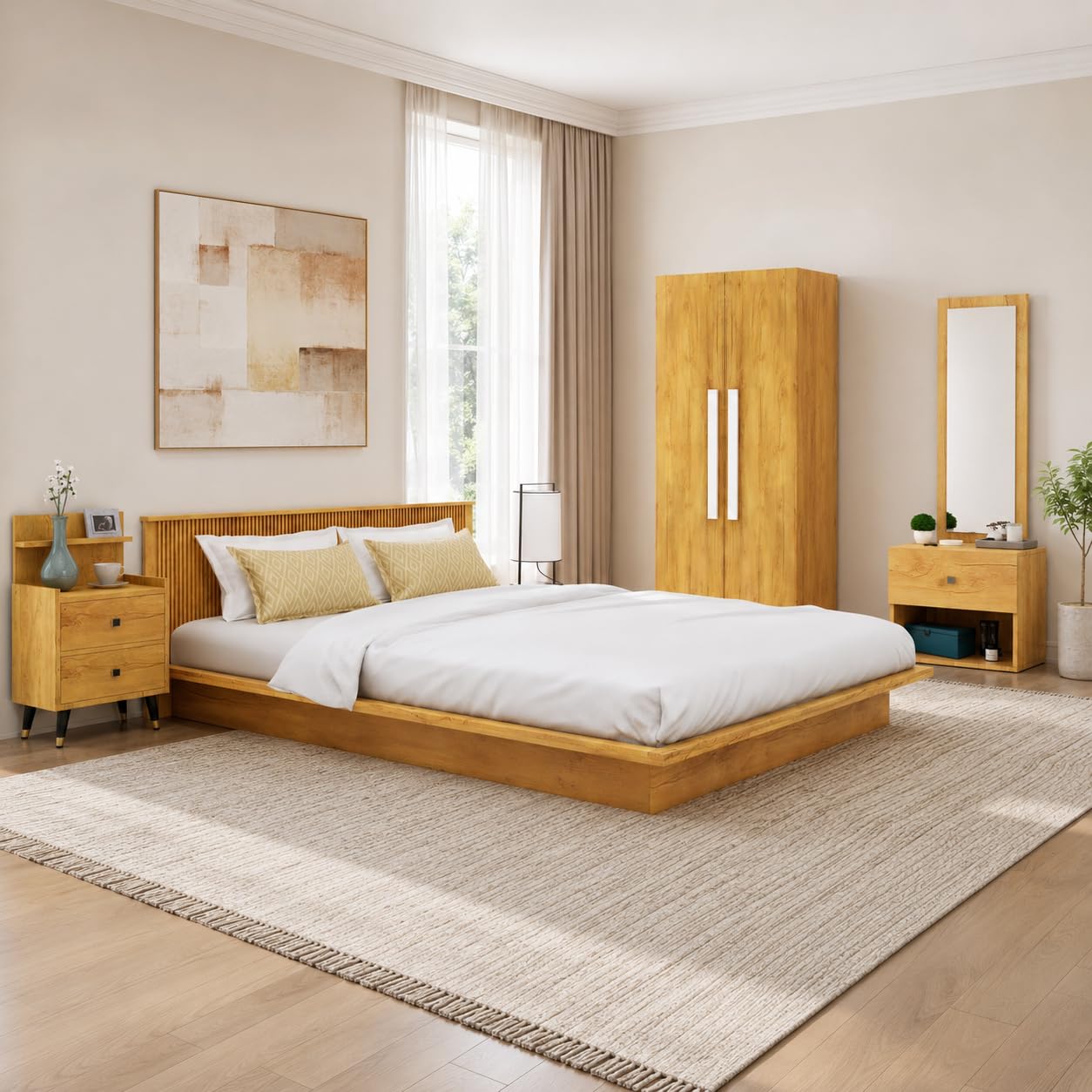 Bniture 4-Piece Bedroom Set | Wooden Platform Bed with 2-Drawer Bedside Table, 2-Door Wardrobe & Dressing Table with Mirror | Modern Engineered Wood Bedroom Combo | Giant Wood-image-11