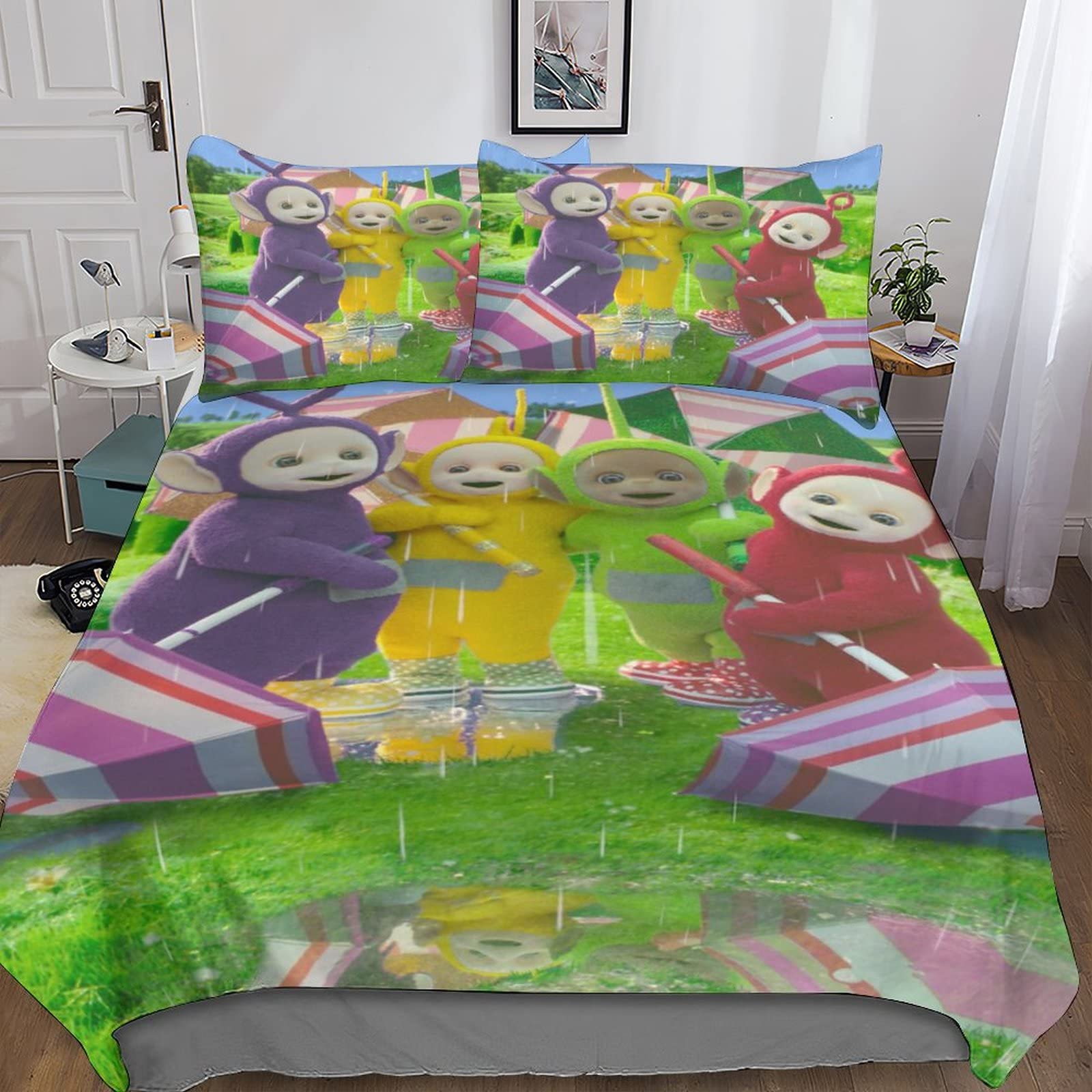 Teletubbies Parure De Lit avec Impression 3D Housse De Couette en Microfibre Teletubbies Sujets avec Taie d'oreiller Garçons Filles Enfants Double(200x200cm