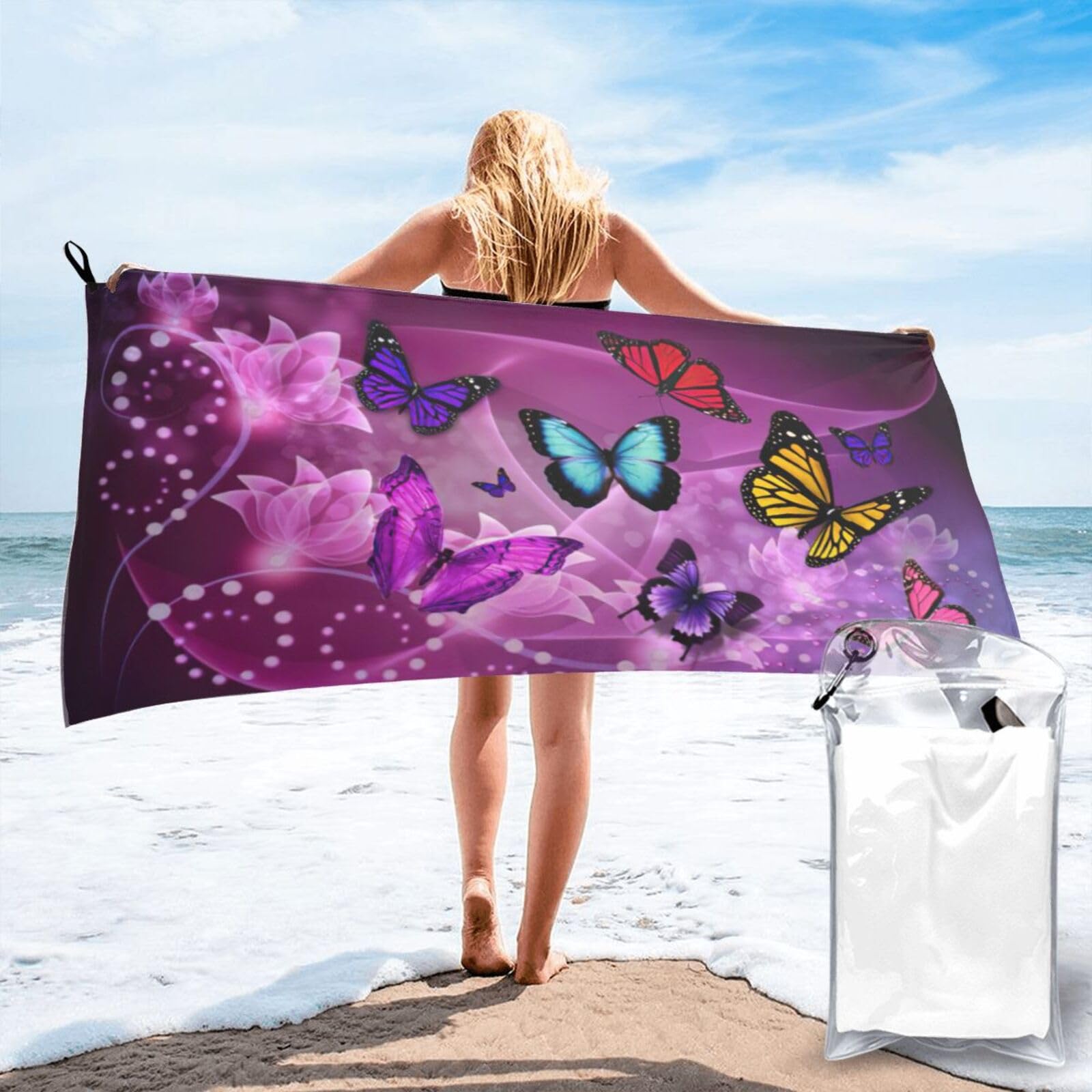 KAPPTYY Purple Butterflies Print Quick Dry Towel Bath Shower Beach Wrap For Gym Vacation Adults