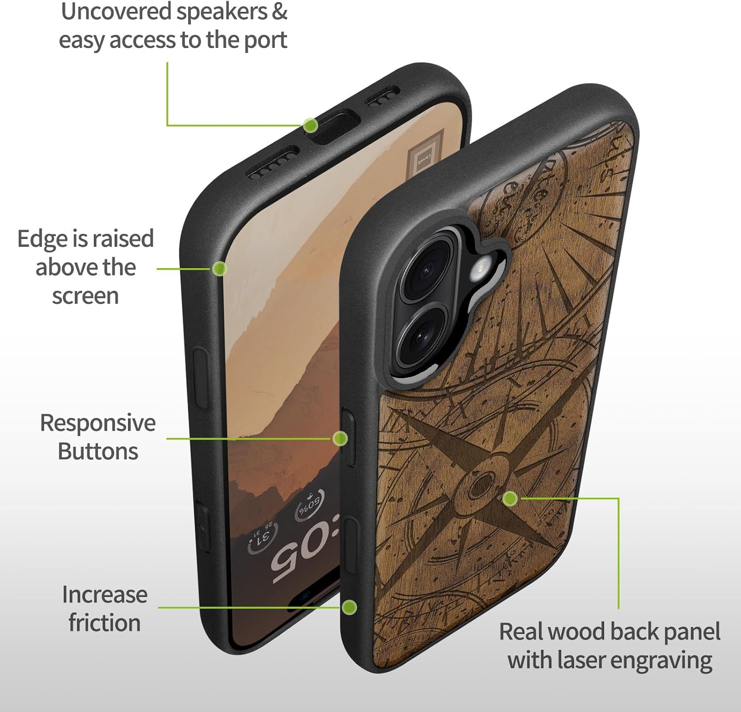 Carveit Magnetic Wooden Case for iPhone 16 Plus Case, Wood Artisan Engraved & Black Soft TPU Shockproof Cover, Compatible with MagSafe Wireless Chargers (Compass Rose Voyager) Walnut