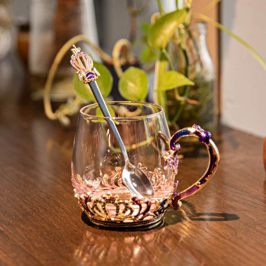 SWTHONY Glass Fancy Tea Cup Mug with Spoon European Style Carved Flower Coffee Mugs Set Birthday Gift for Women Wife Mom Grandma - Image 7