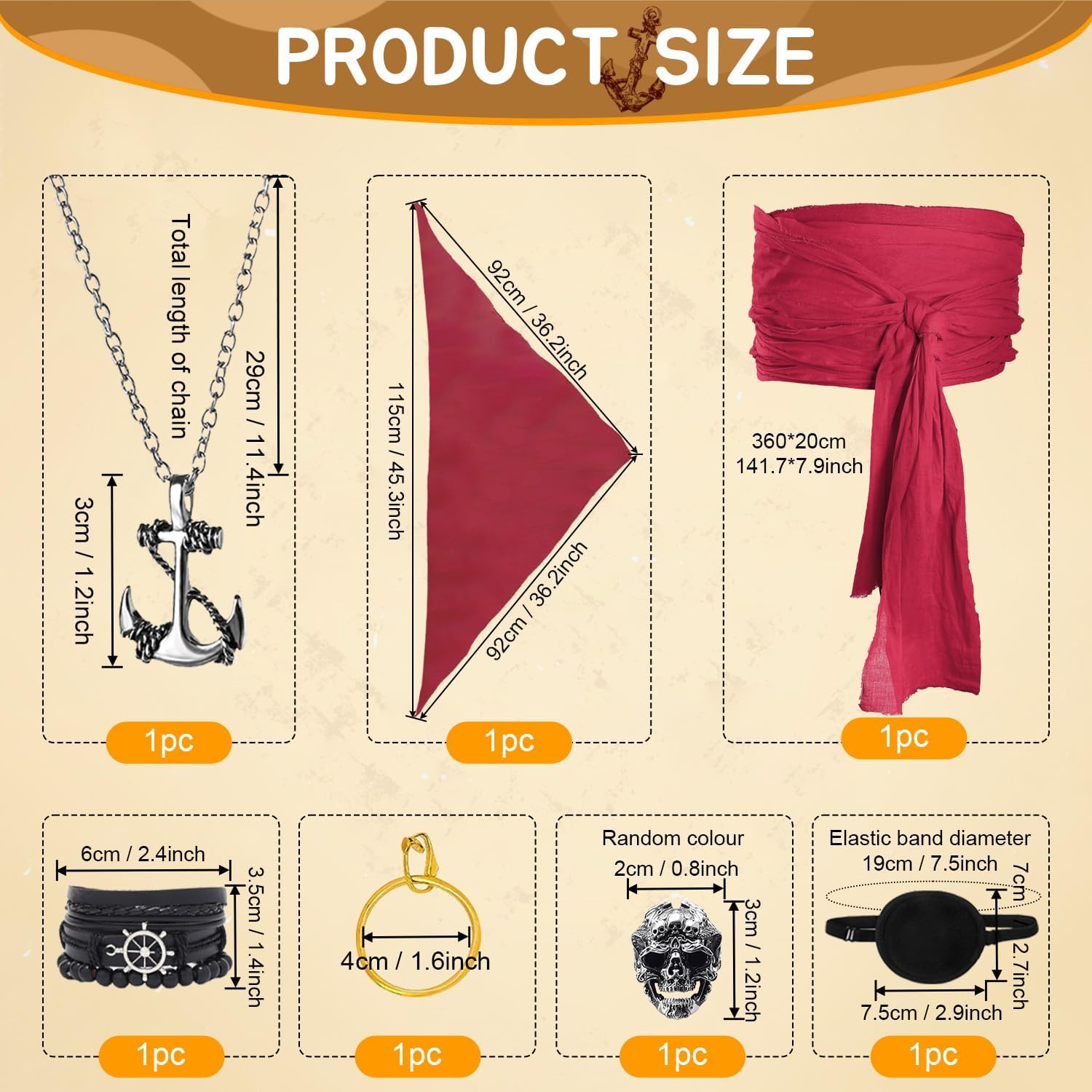 Ginkago Accessori Costume da Pirata per Adulti Set, Bandana Fascia Vita Collana Orecchini Anello Bracciale Benda sull'Occhio, Costume da Pirata per Halloween Carnevale e Feste a Tema