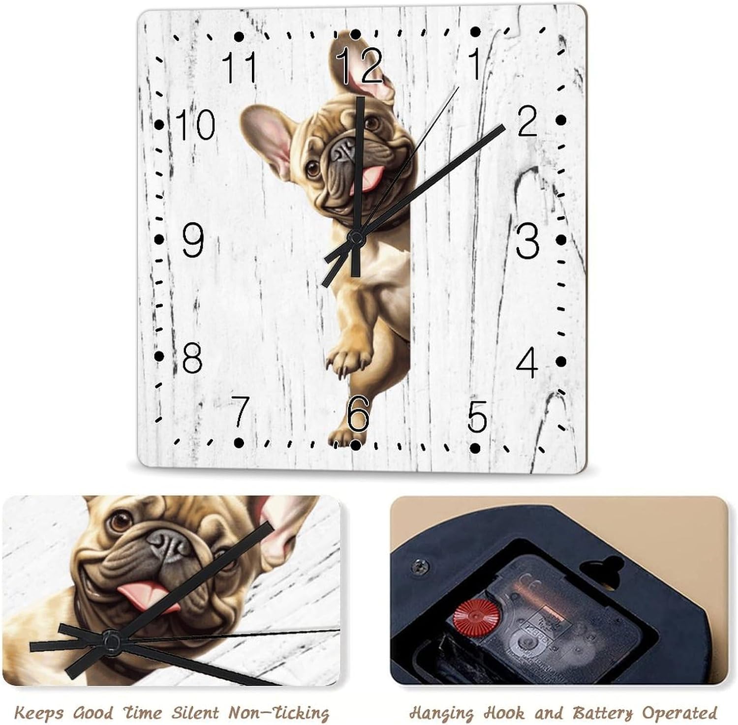 Bulldog Wooden Wall Clock Bulldog Dog Peeking ASquare Corner Clock Battery Operated Silent Wood Clocks Dog Owner Gift Wooden Clock for Dinning Living Room 12x12in