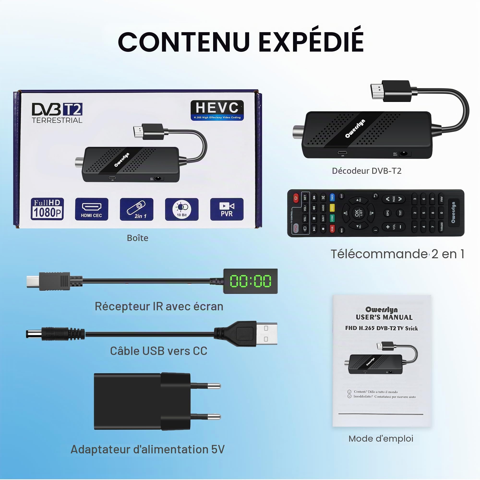 Décodeur TNT Full HD DVB-T2 OWERSLYN HEVC H265 1080P HDMI PVR Télécommande Infrarouge