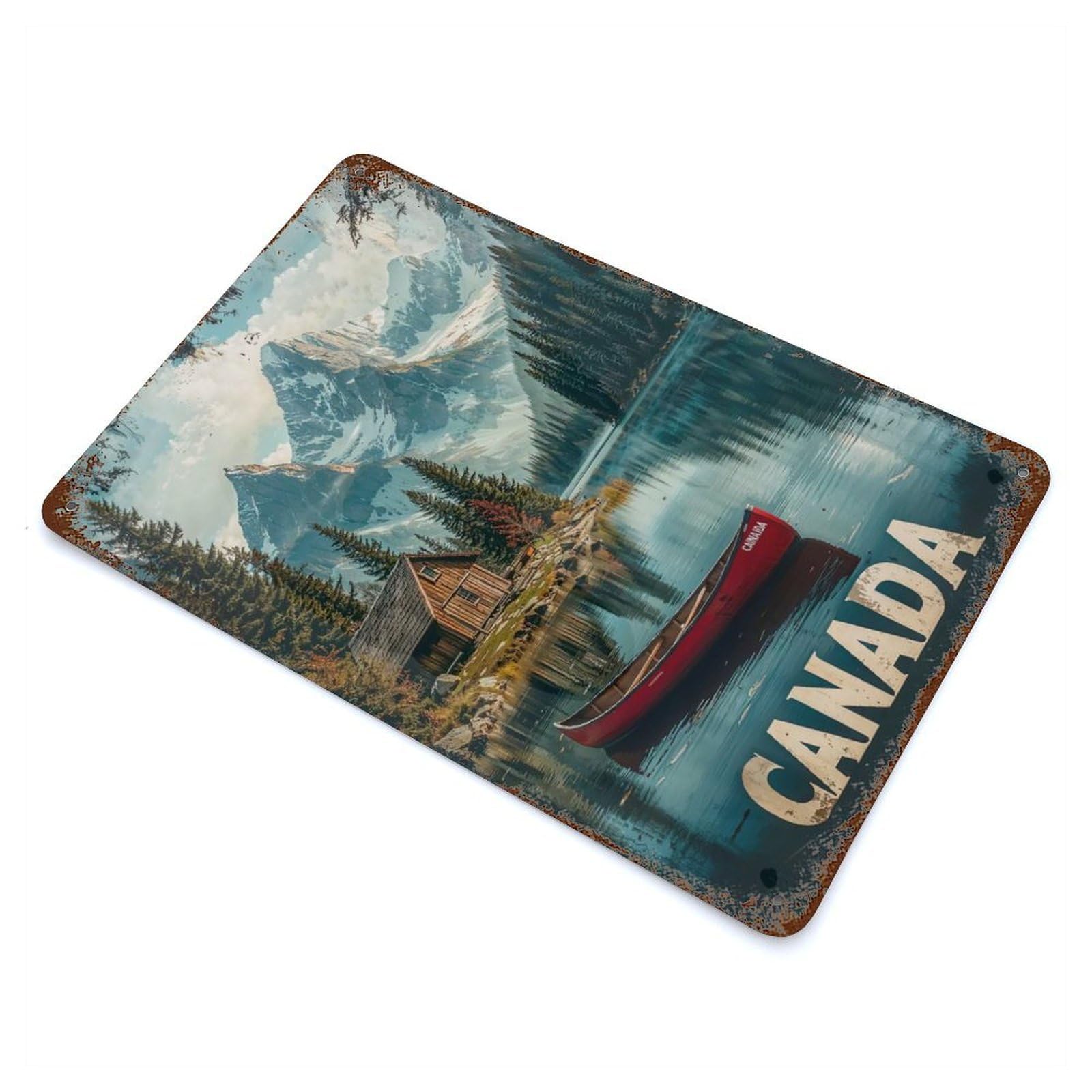 Garage Style Canadian Mountain Lake Rustic Tin Plaque 11.8"x7.9", Classic Wall Plaque for Bar And Workshop