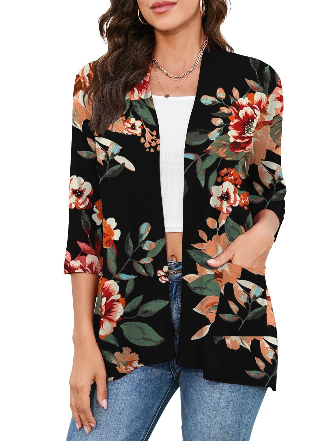 HIYIYEZI Womens Casual Lightweight Cardigans with Pockets 3/4 Sleeve Open Front Dusters
