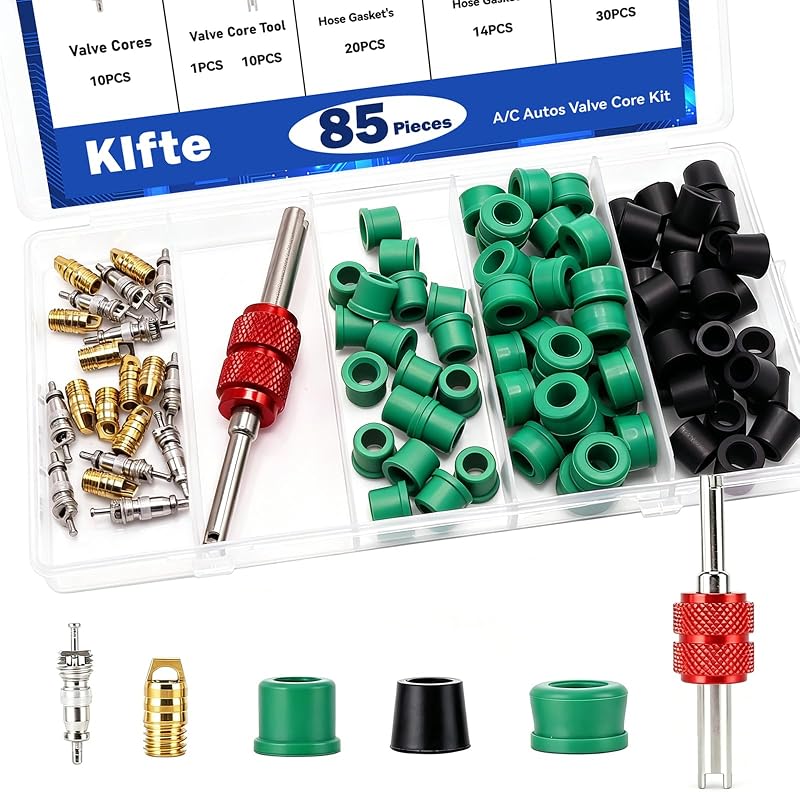85Pcs HVAC Hose Gasket Air Condition Repair Kit Repair Tool,HVAC Hose Seals,10Pcs Valve Cores 64Pcs Hose Gaskets 10Pcs Valves