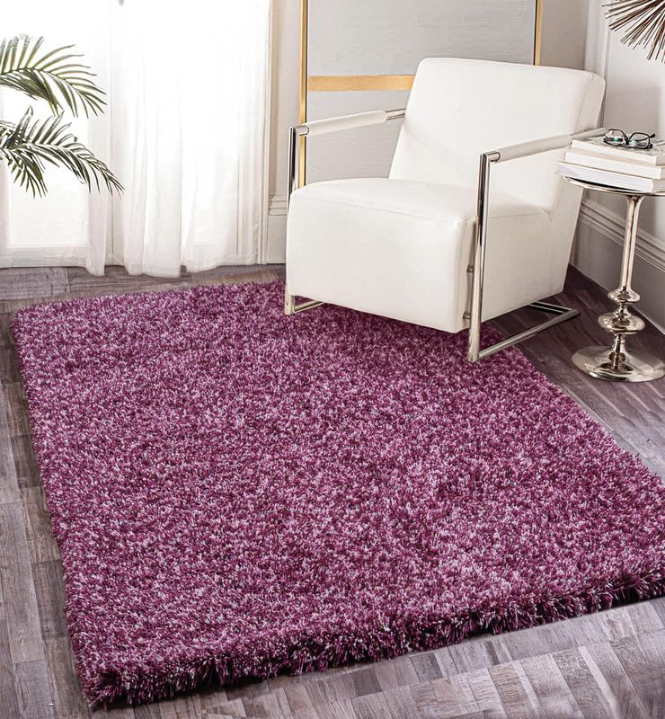 Image of FIASCO Premium Tie Dye Shaggy Carpet Ultra Soft Microfiber | 2 Inches Pile Height Back in Canvas Shaggy Carpet for Living Room | Bedroom | Hall | Guest Room | 6x9 Feet Purple Ivory Mix