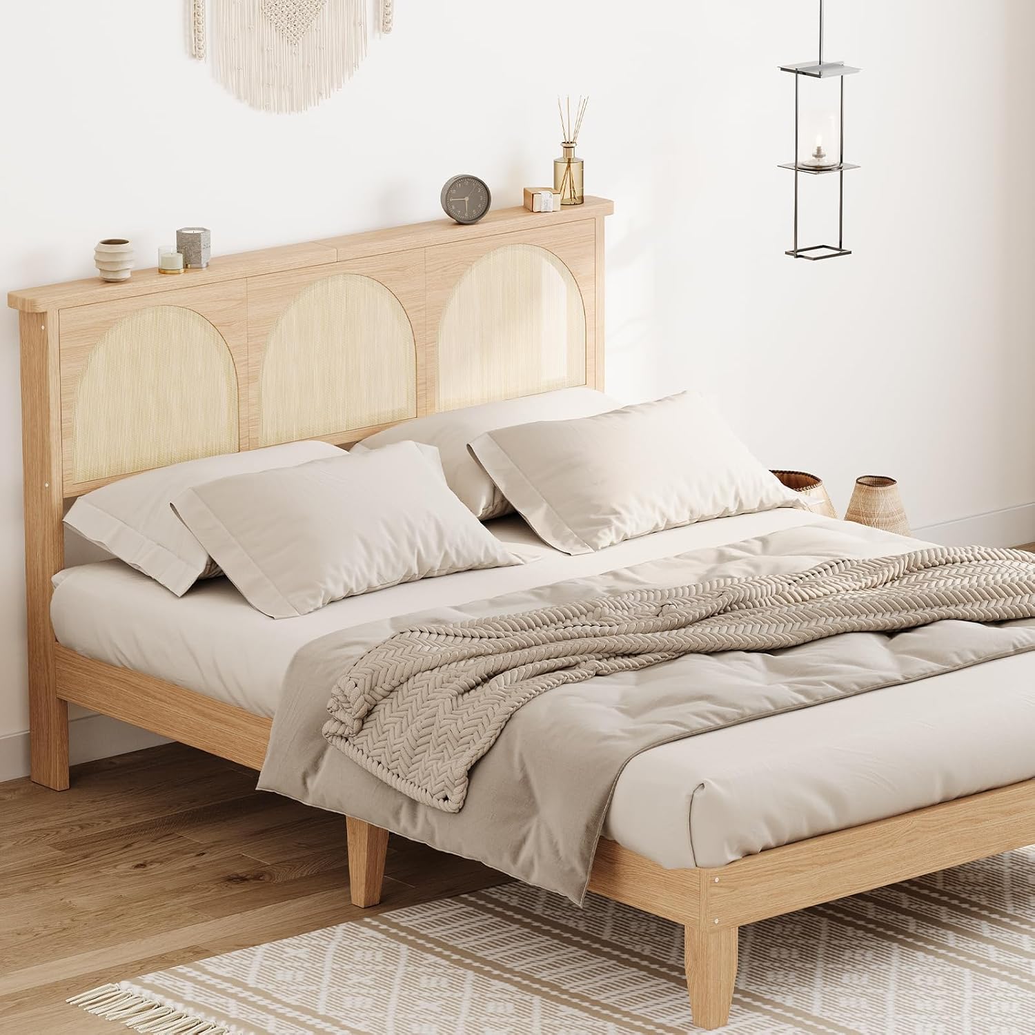 GarveeHome Boho Queen Bed Frame, Solid Wood Beds with Natural Rattan Headboard & LED Lights, Wooden Platform Bed No Box Spring Needed, Storage Underneath, Sturdy Noise-Free Bed Frame, Easy Assembly