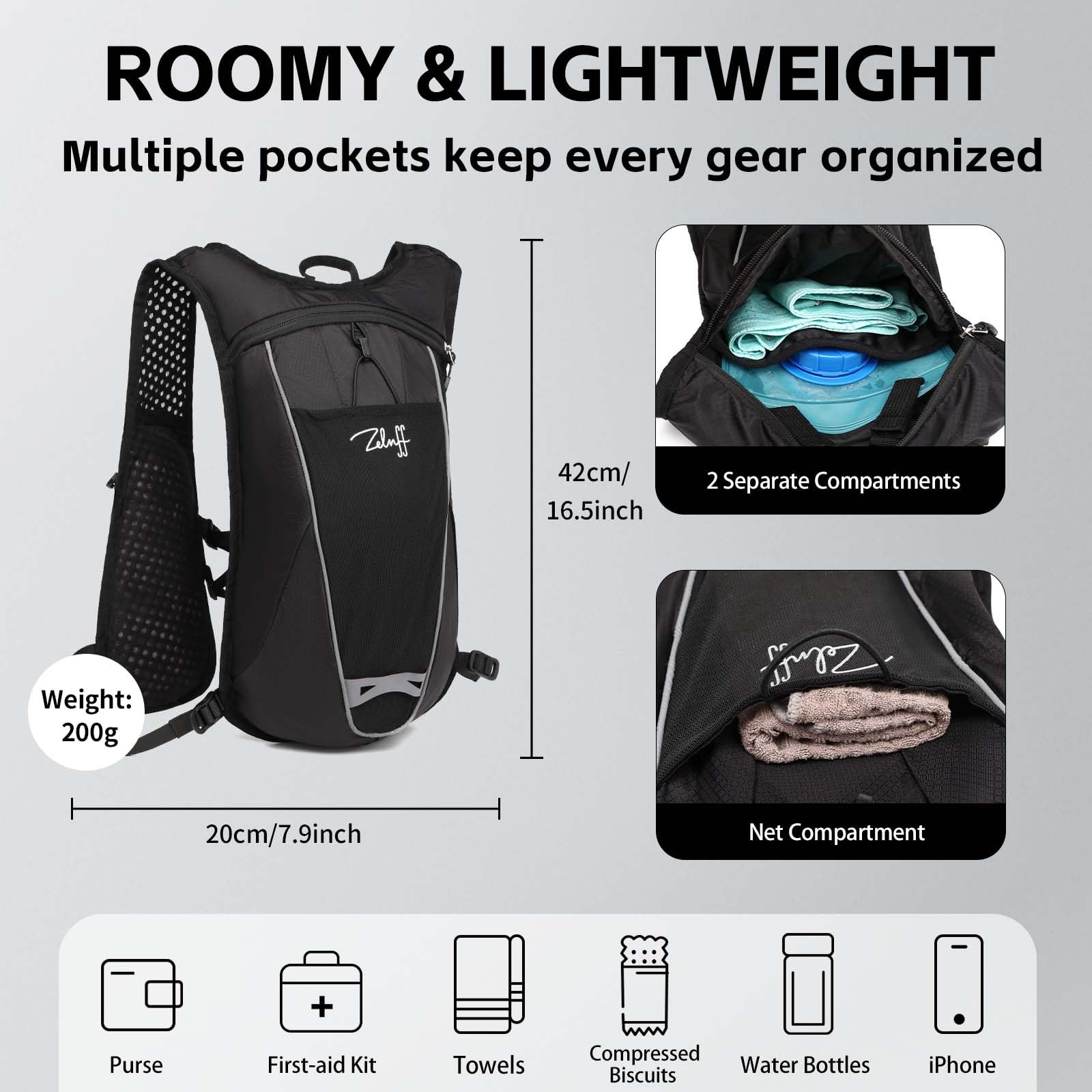 ZELNFF Hydration Backpack with Hydration Bladder 2L,Running Vest Backpack ,Lightweight Water Backpack Hydration Pack Running Cycling Bike Backpack,Man woman (With 2L hydration bladder) - Image 2