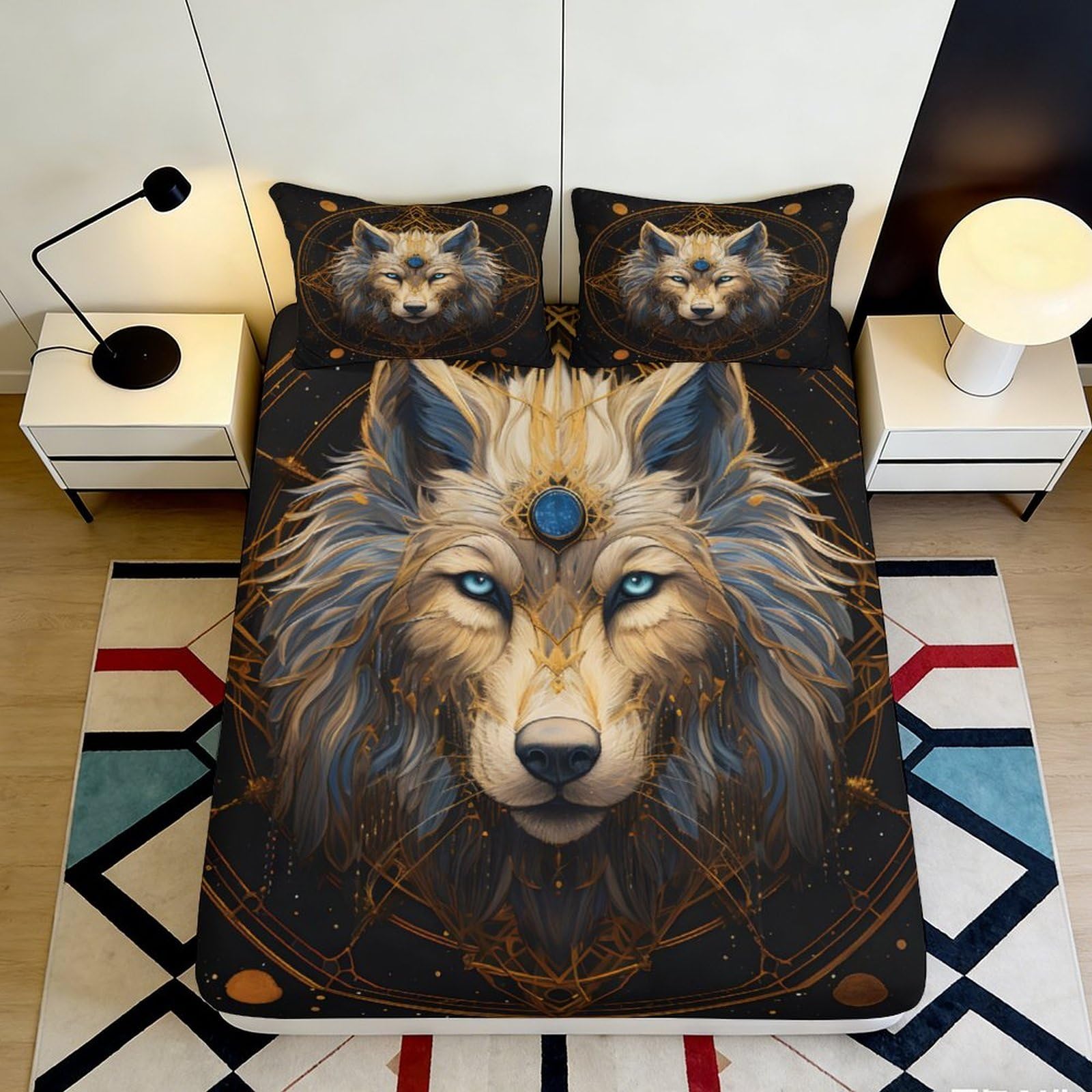 3D Printed Mystic Wolf Fitted Sheet Microfiber Soft Anti-Slip Animal Mandala Mattress Cover Bedroom Dorm Decor 140x200x25cm
