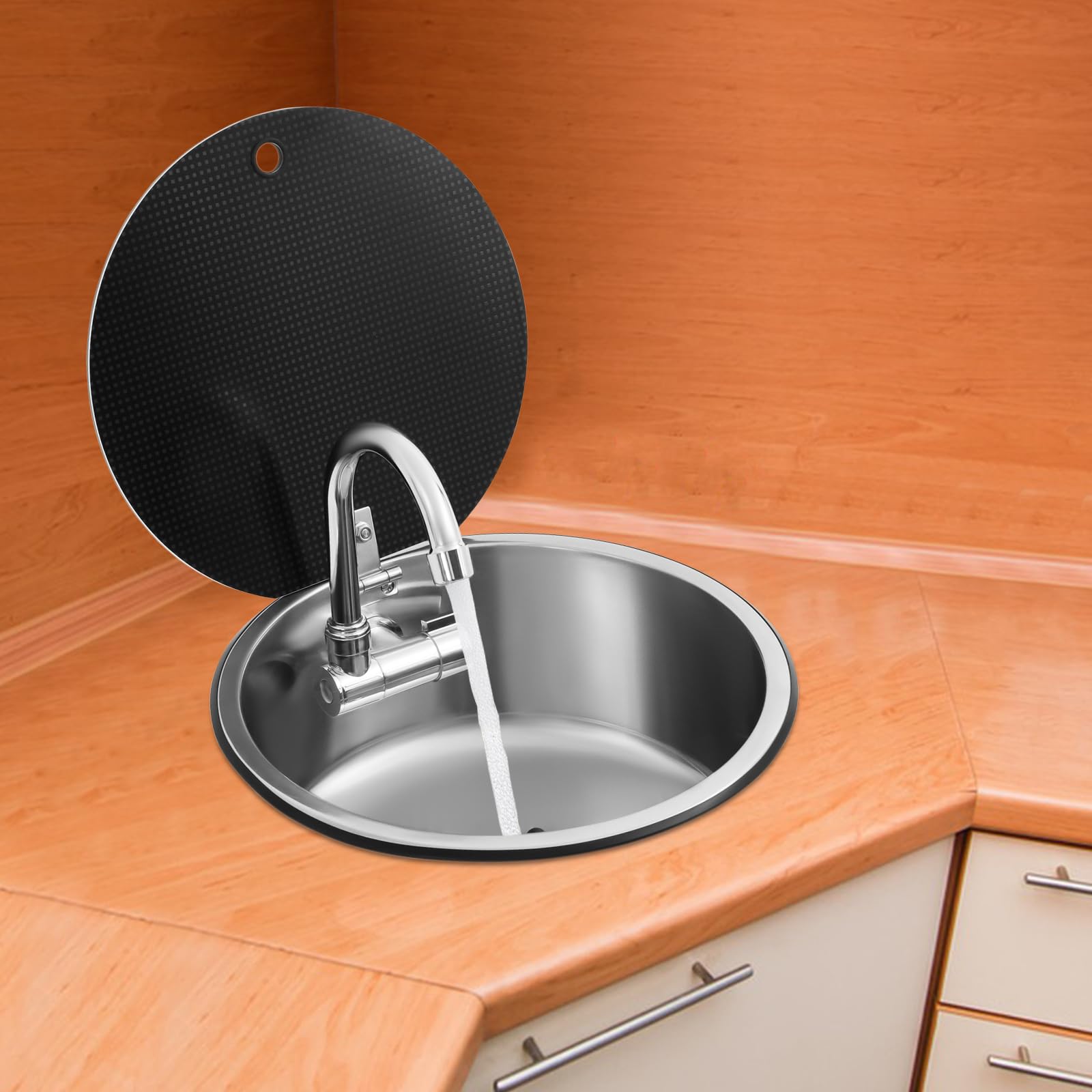 Kit di lavandino da campeggio, lavello da esterno, lavandino rotondo con rubinetto, per roulotte, roulotte Airstream, camper, roulotte Airstream, in acciaio inox, 34 x 15 cm