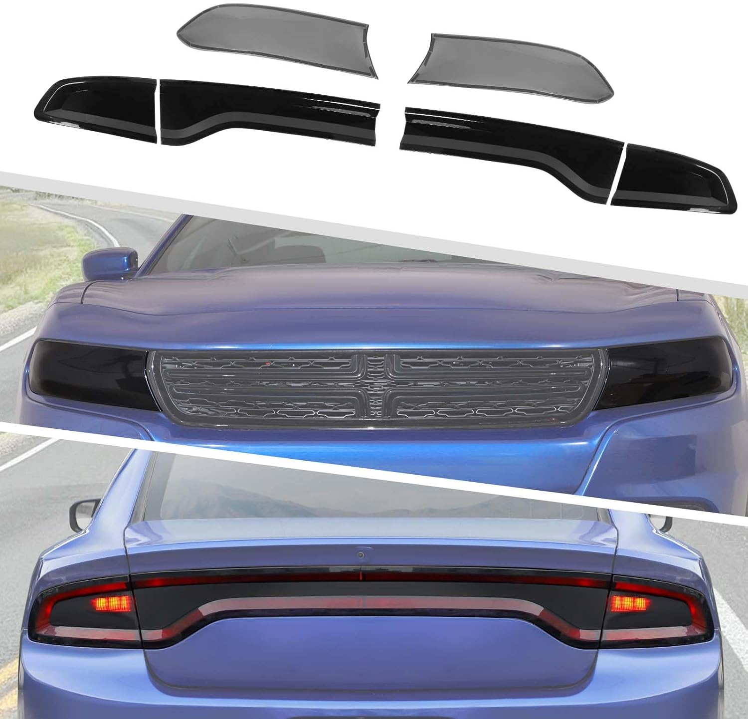 Jimen Fit for Dodge Charger 2015-2024, 6PCS Smoked Headlight Cover & Rear Taillight Cover Trim