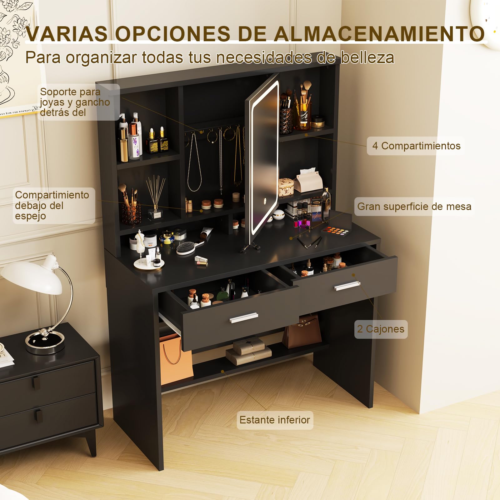 Airfish Tocador de Maquillaje con Espejo y Luces LED, 3 Colores Brillo Ajustable, Mesa de Maquillaje con Espacio para Joyas, Estantes Ajustables,9 Ganchos y 2 Cajones, 90x40x135,8 CM Moderno, Negro