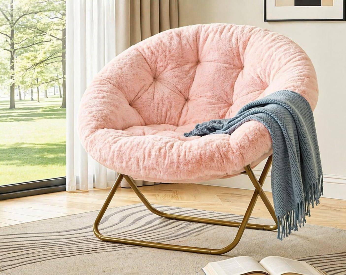 Simple Deluxe Comfy Chairs for Bedroom, Faux Fur Saucer Chair for Adults, Oversized Comfy Soft Saucer Chair, Padded Lazy Chair for Living Room Dorm Rooms, Pink
