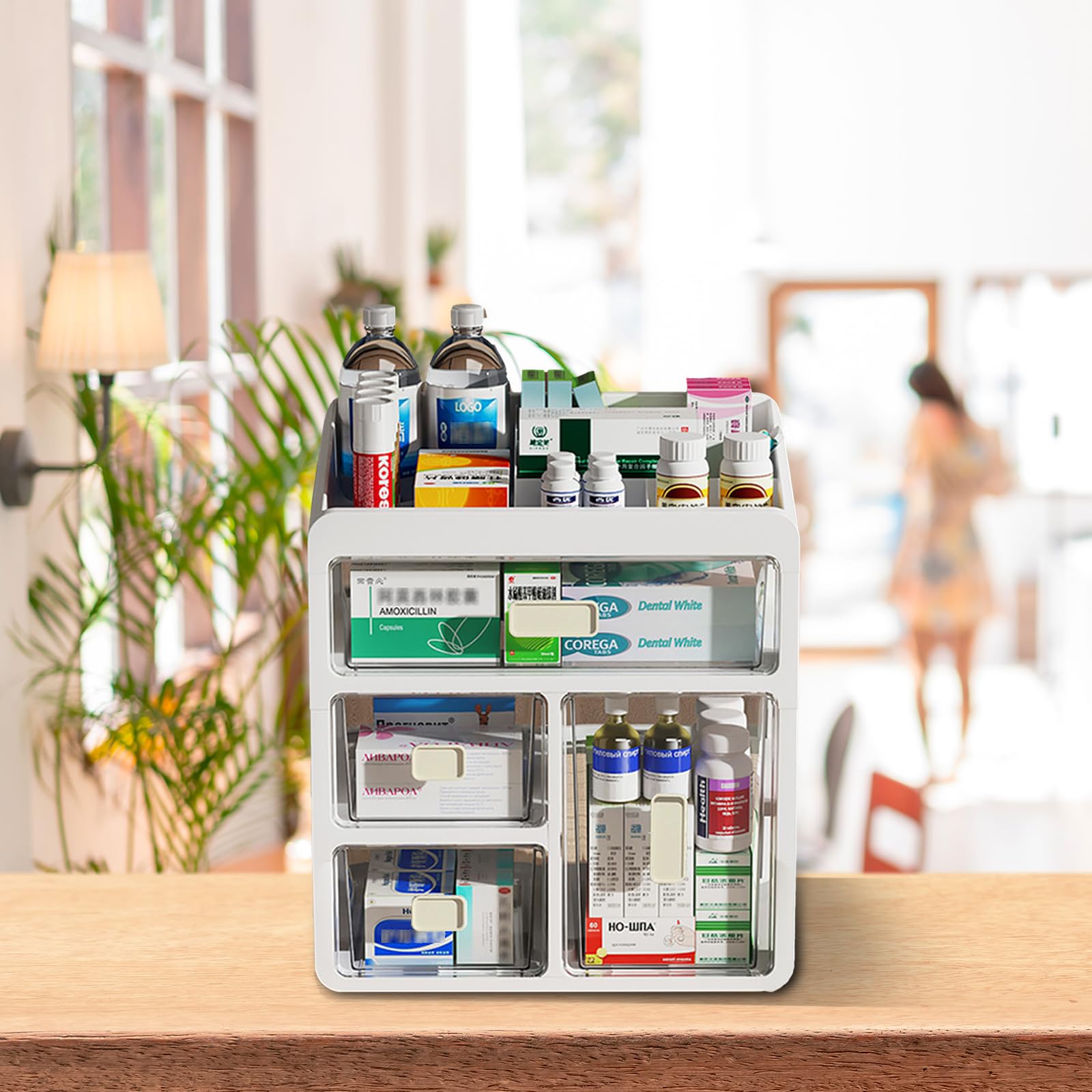 Armario de medicamentos de 4 niveles con cajones, organizador de botiquín, caja de medicamentos de polipropileno, caja de almacenamiento para medicamentos, cosméticos y piezas pequeñas