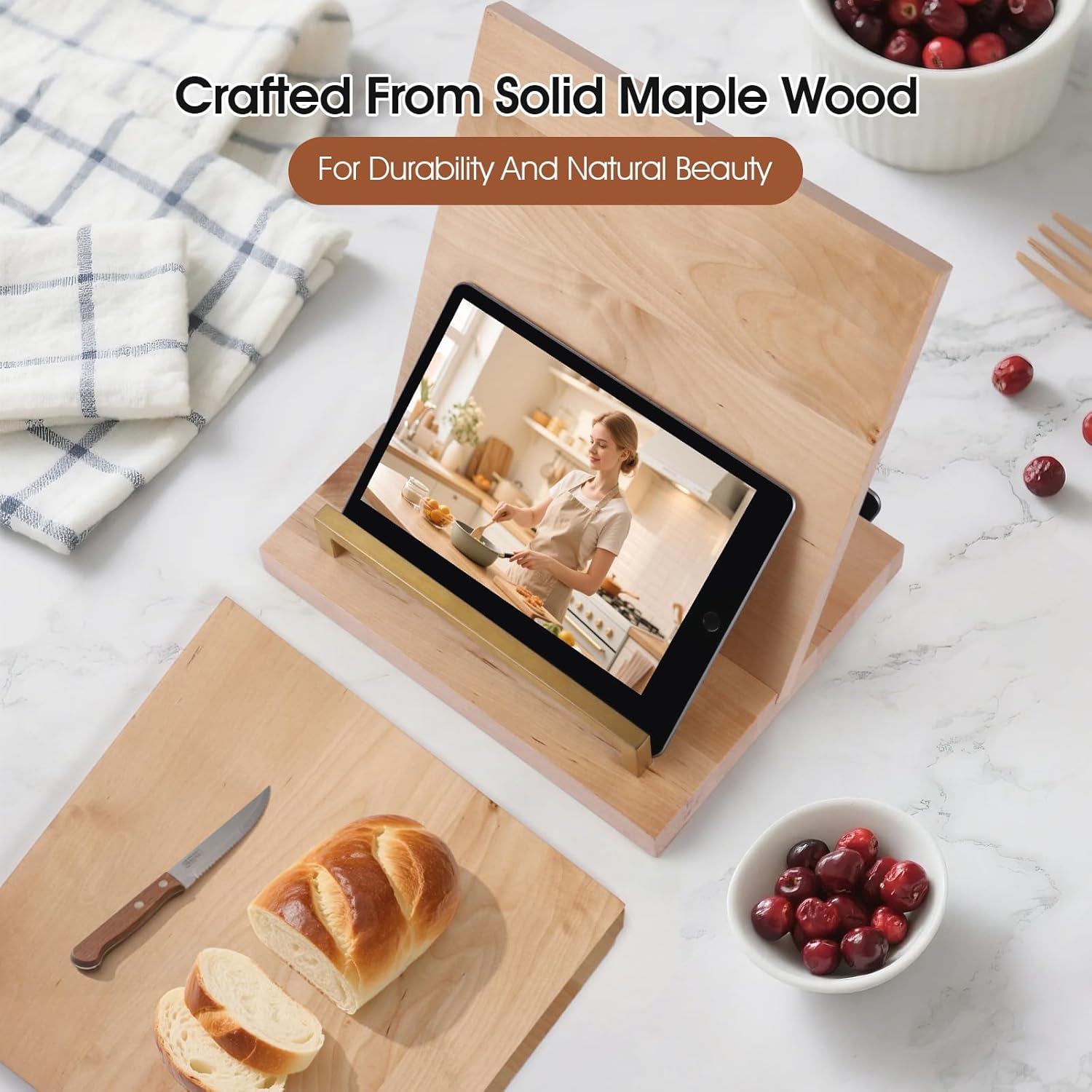 Cookbook Stand with Removable Cutting Board – Adjustable Recipe Book Holder, Charcuterie Board & Kitchen Serving Tray, Kitchen Counte Decor/Maple Wood