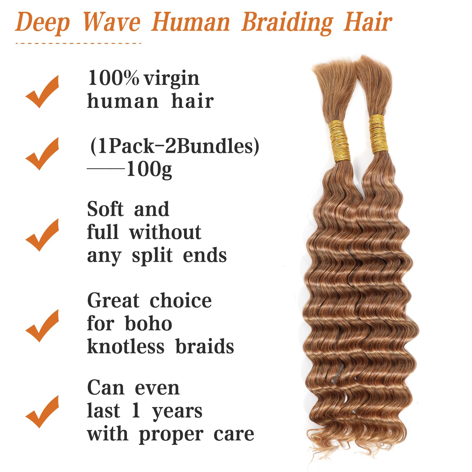 Yacurcur Human Braiding Hair Deep Wave No Weft 10A Brazilian Virgin Curly Human Hair Extensions for Boho Braids 20 Inch (100g 27#) - Image 2