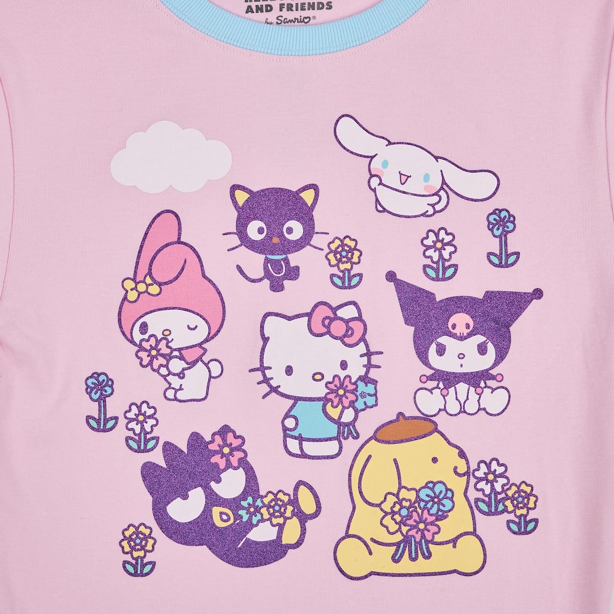 Hello Kitty & Friends Smell The Flowers Glitter Print Crew Neck Short Sleeve Pink Women's Crop TopTee - Image 5